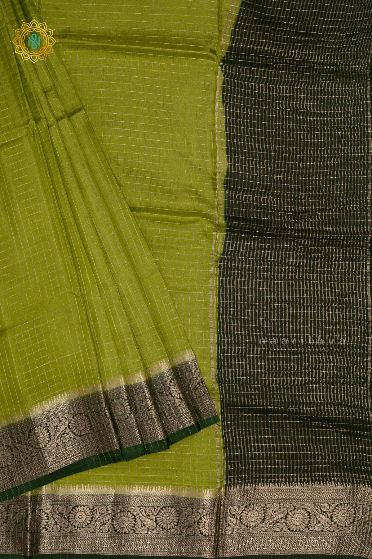 Parrot Green With Bottel Green - Semi Crepe Silk