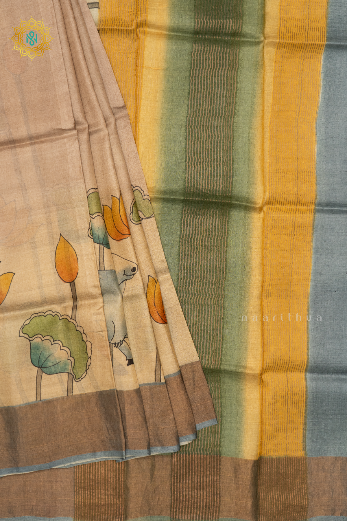 BEIGE WITH GREY - PURE TUSSAR SILK