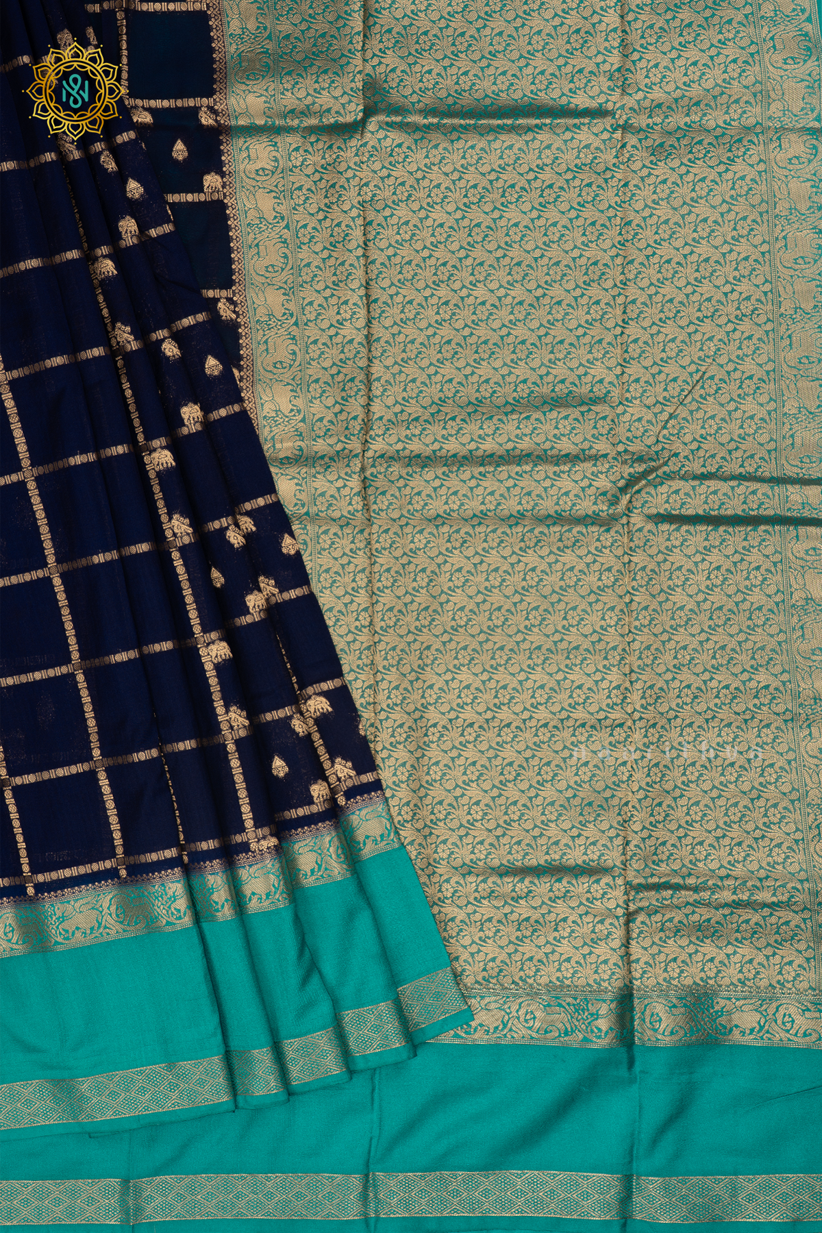 Navy Blue With Aqua Blue Semi Crepe Silk Saree All Over Zari Checks And Buttas With Contrast Zari Gap Border