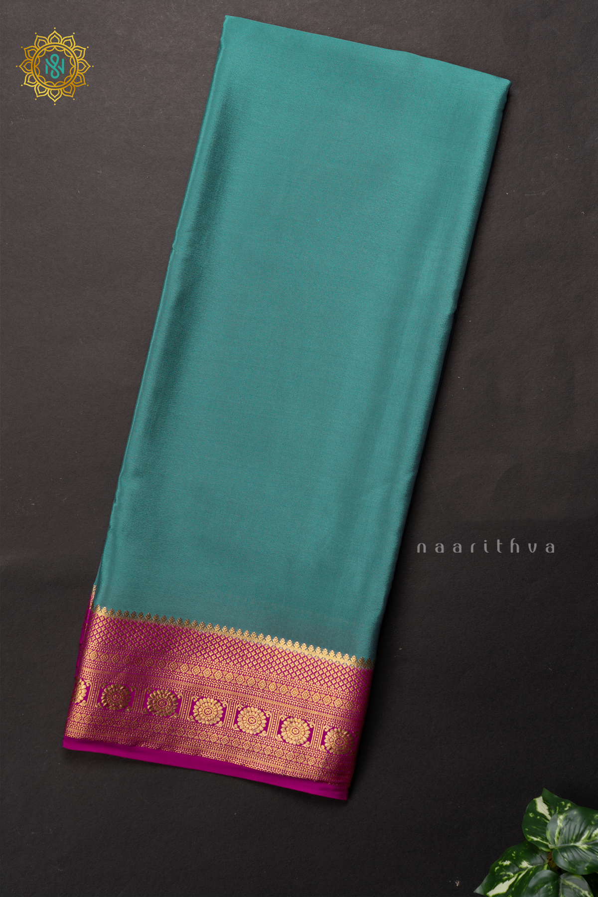 AQUA BLUE WITH PINK - PURE MYSORE CREPE SILK