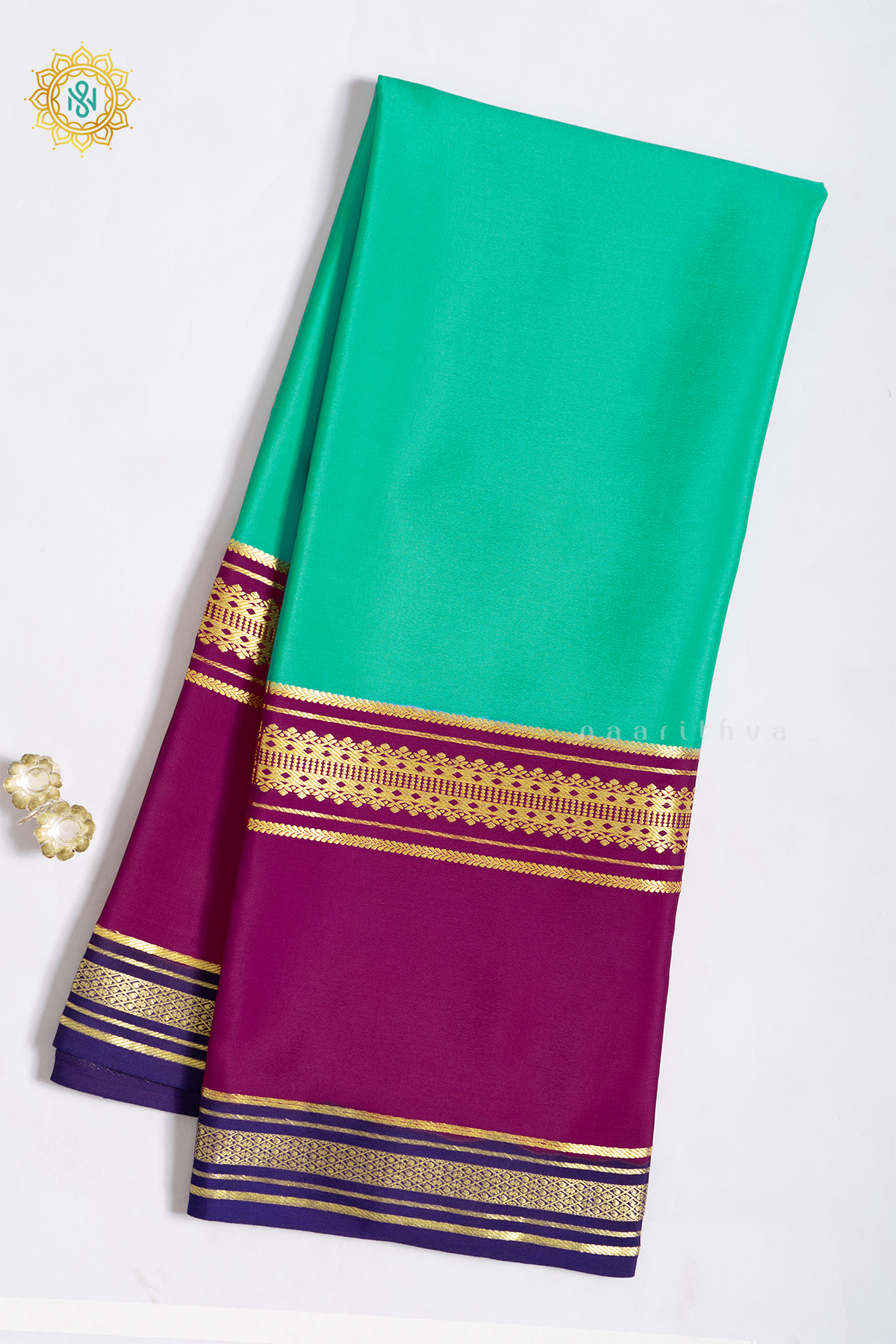 AQUA GREEN WITH PINK & BLUE - PURE MYSORE CREPE SILK
