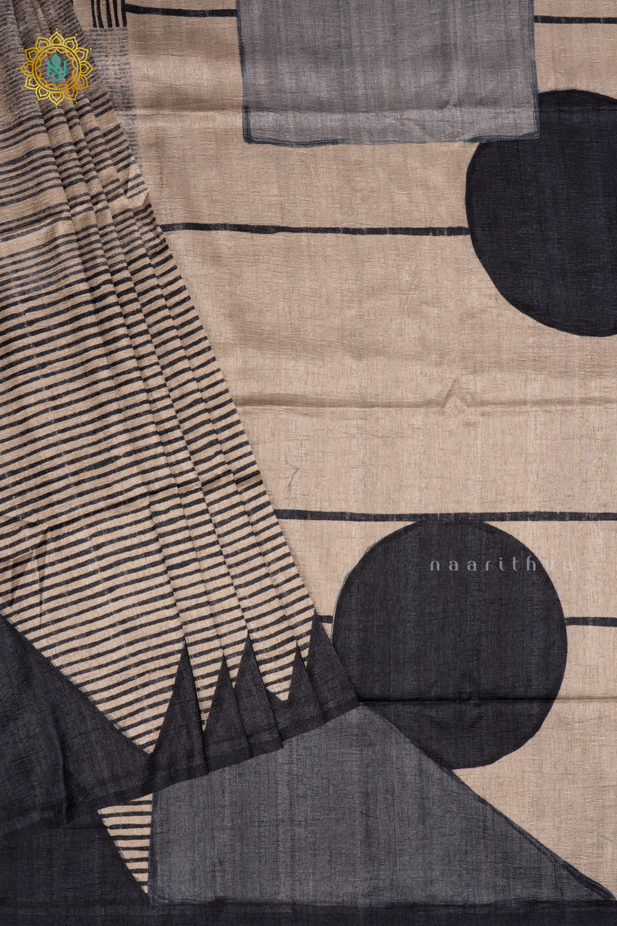Off White with Black - Semi Gicha Tussar Silk Saree with Allover Printed Body, Pallu and Blouse