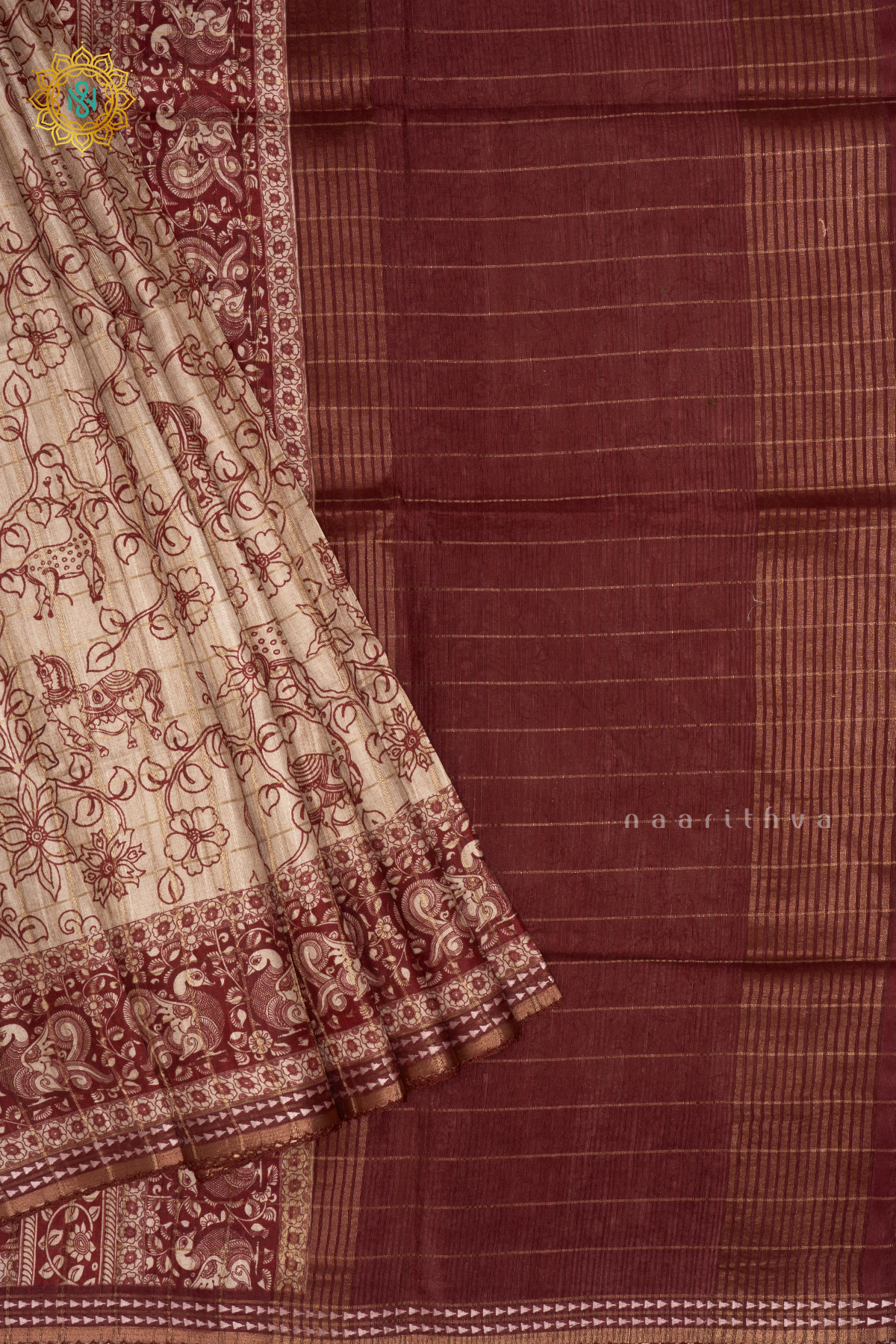Off White With Maroon Semi Tussar Silk Saree Allover Printed And Zari Striped Body With Thread Woven Tissue Border