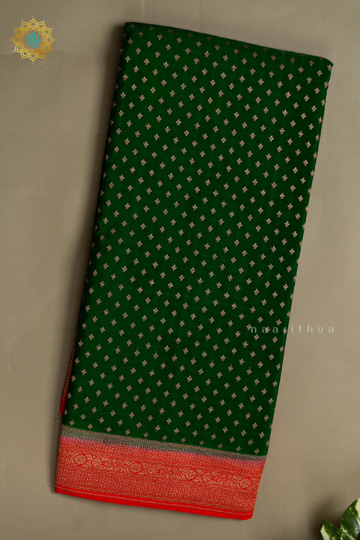 GREEN WITH RED - PURE BANARASI CREPE
