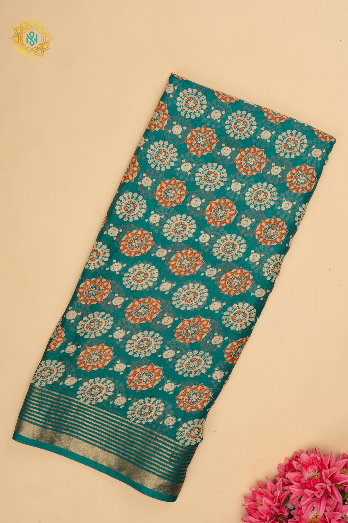Blue - Semi Georgette Printed Body With Zari Striped Border