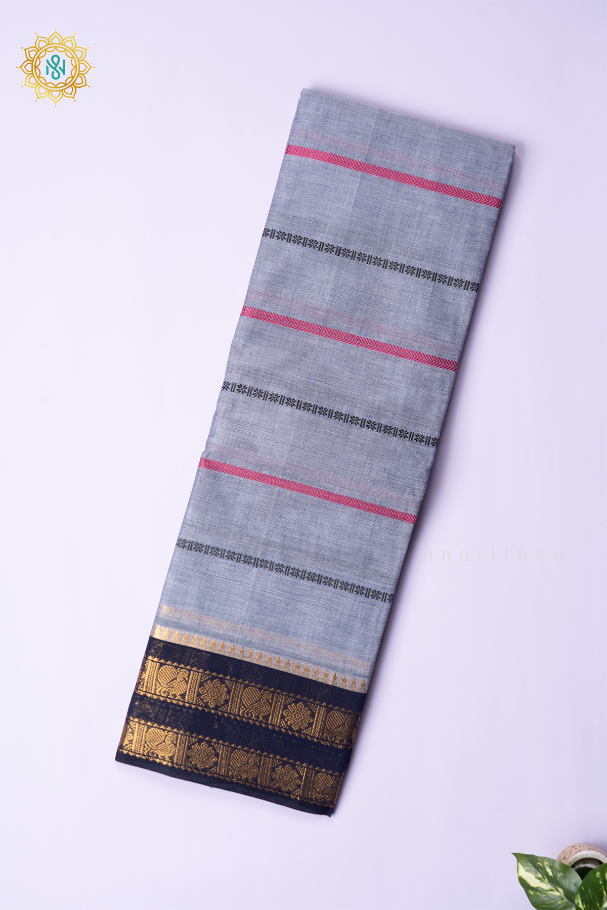 GREYISH BLUE WITH NAVY BLUE - CHETTINAD COTTON
