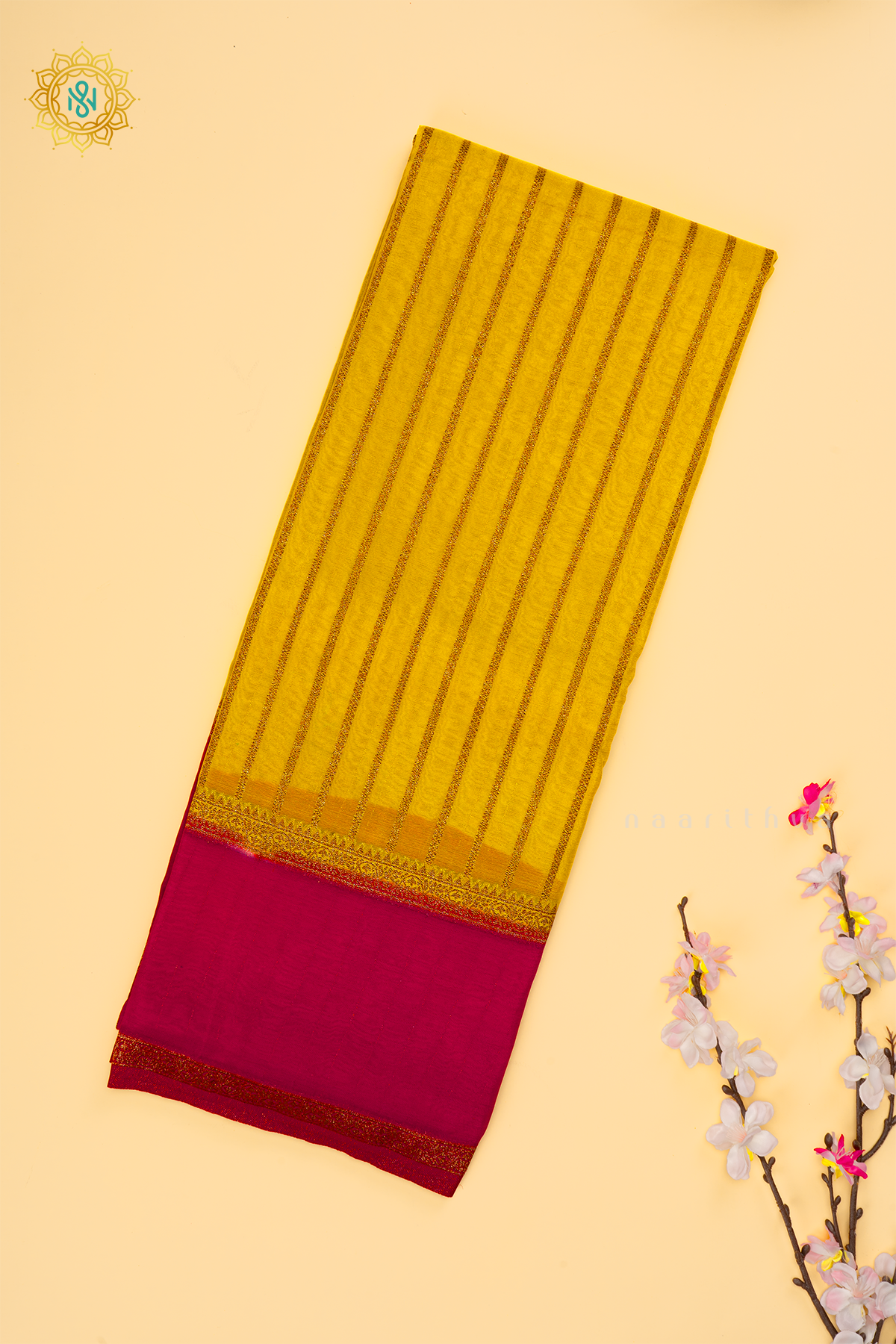 Yellow with Pink Semi Chiffon Georgette Saree with Allover Zari Stripes and Zari Gap Border