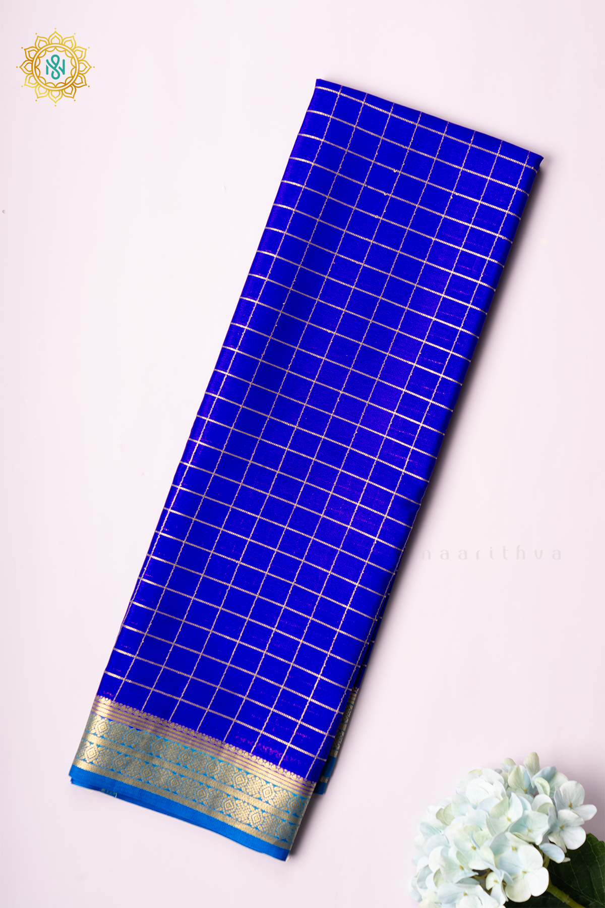 ROYAL BLUE WITH SKY BLUE - PURE MYSORE CREPE SILK