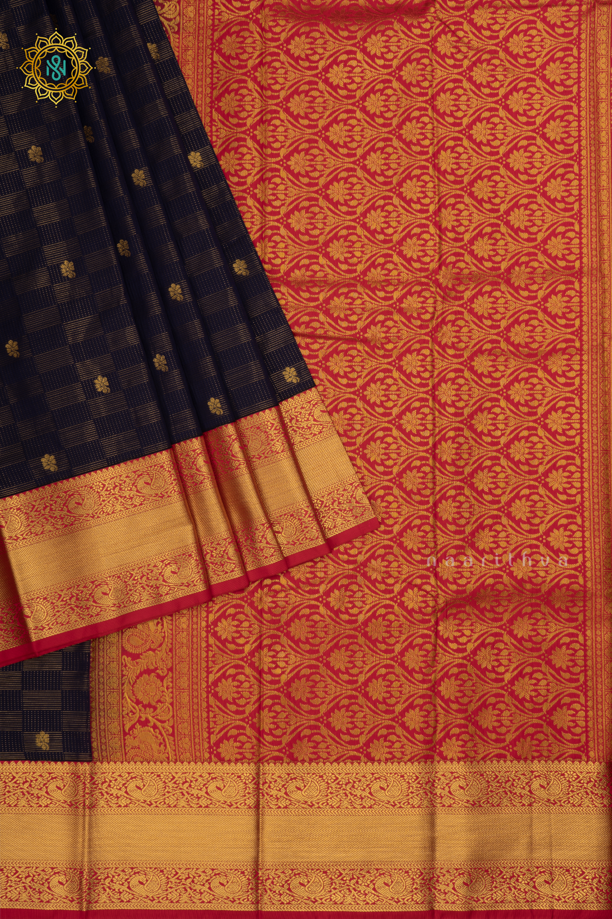 Navy Blue with Rani Pink Semi Kanchi Saree With Zari Buttas All Over And Contrast Zari Border