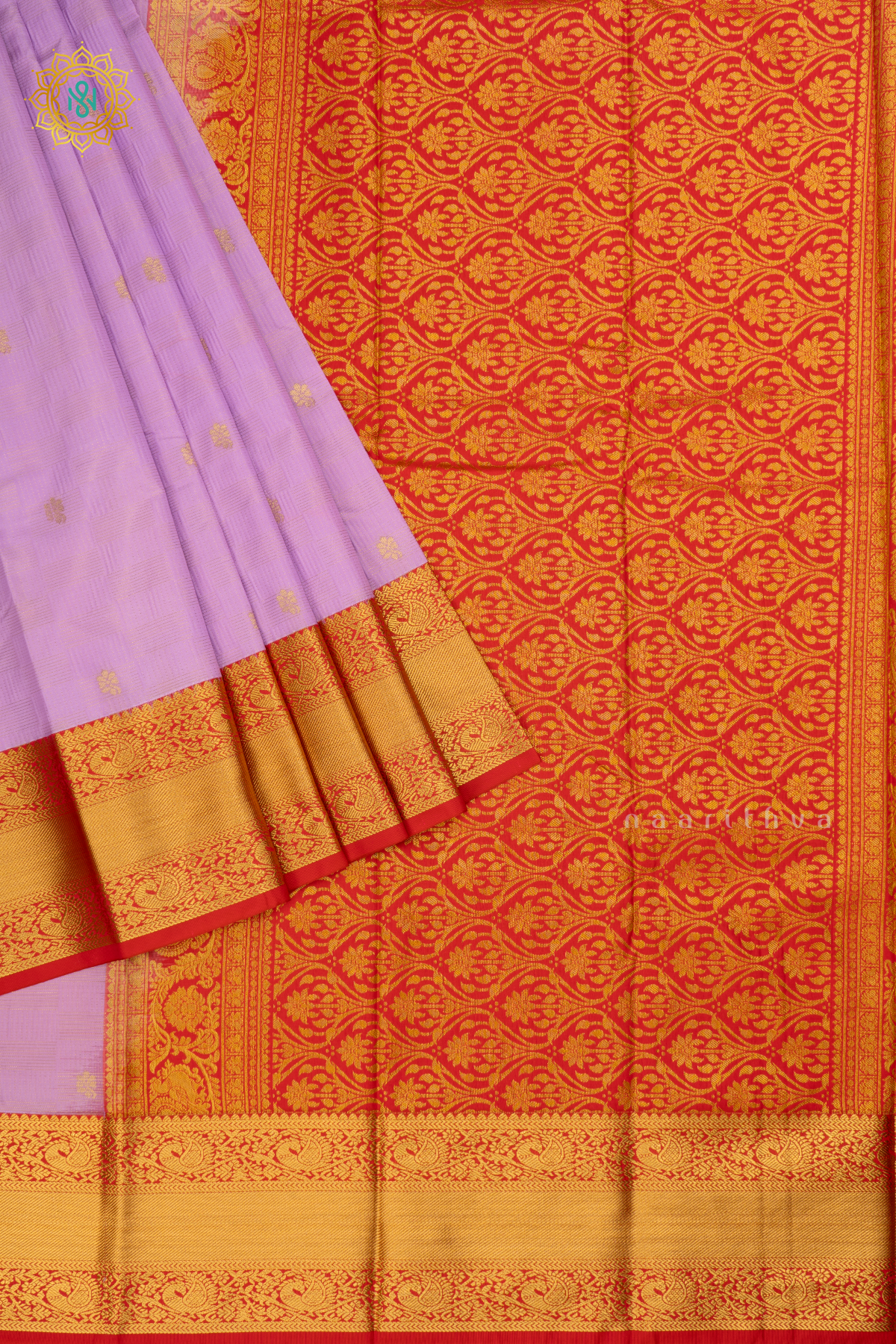 Lavender with Rani Pink Semi Kanchi Saree With Zari Buttas All Over And Contrast Zari Border