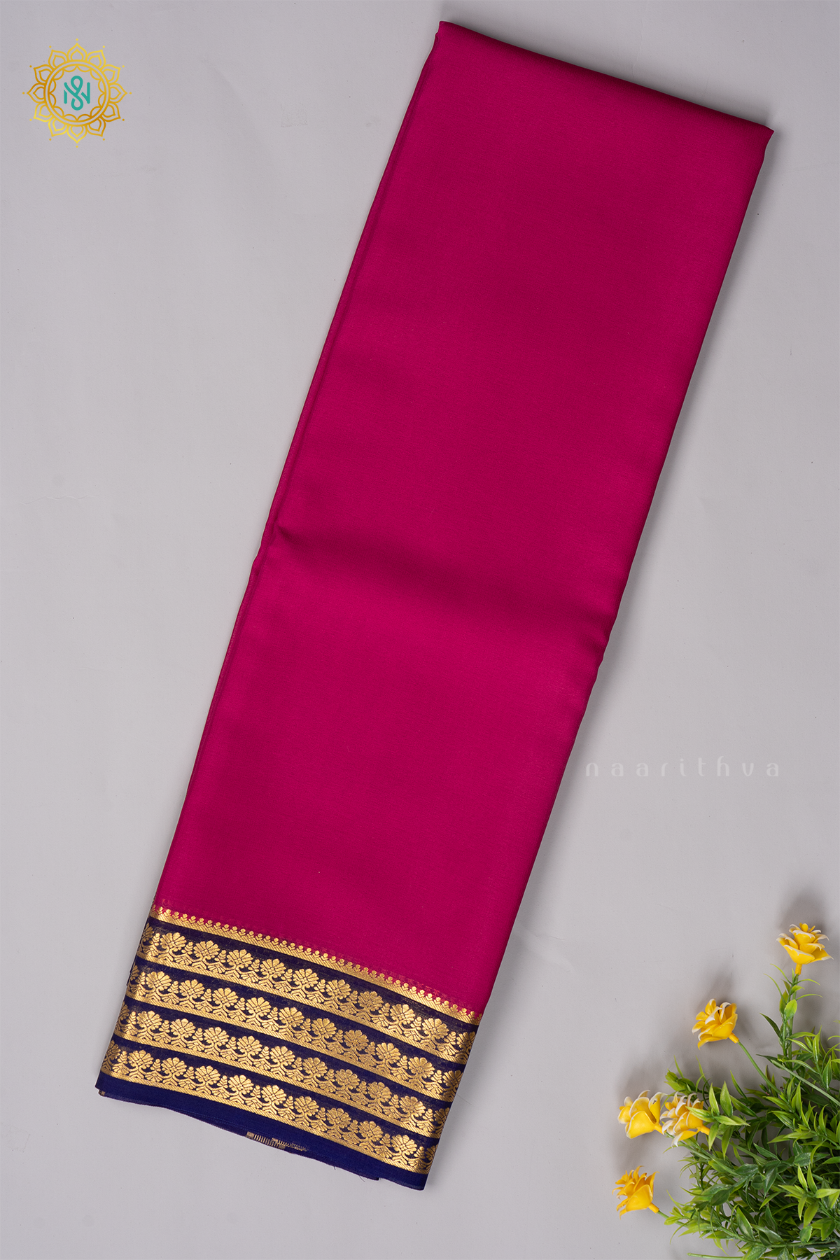 PINK WITH NAVY BLUE - PURE MYSORE CREPE SILK