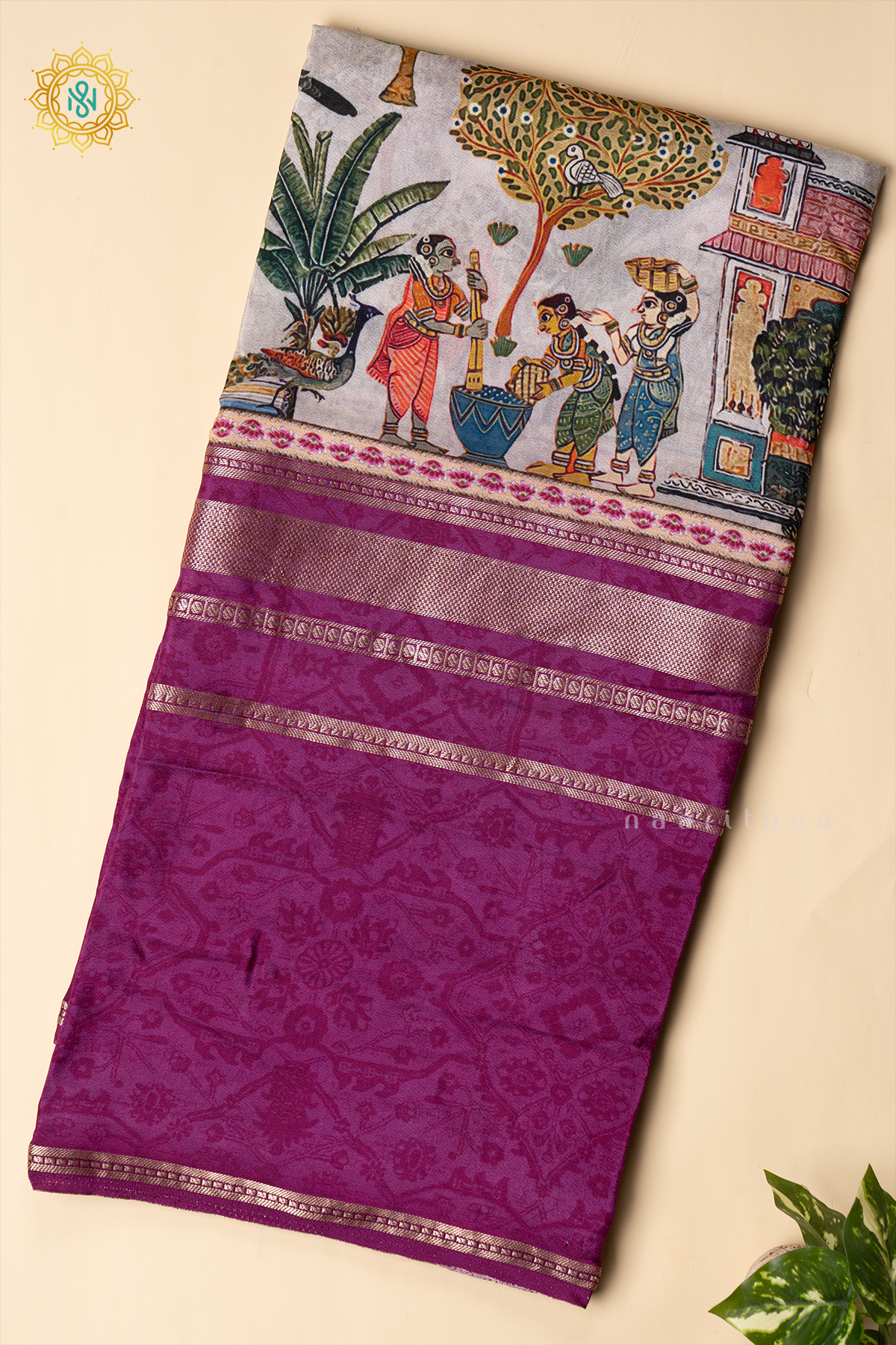 MAGENTHA WITH OFF WHITE - SEMI CREPE SILK