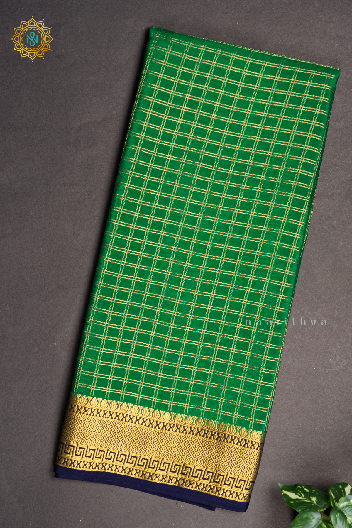GREEN WITH NAVY BLUE - PURE MYSORE CREPE SILK