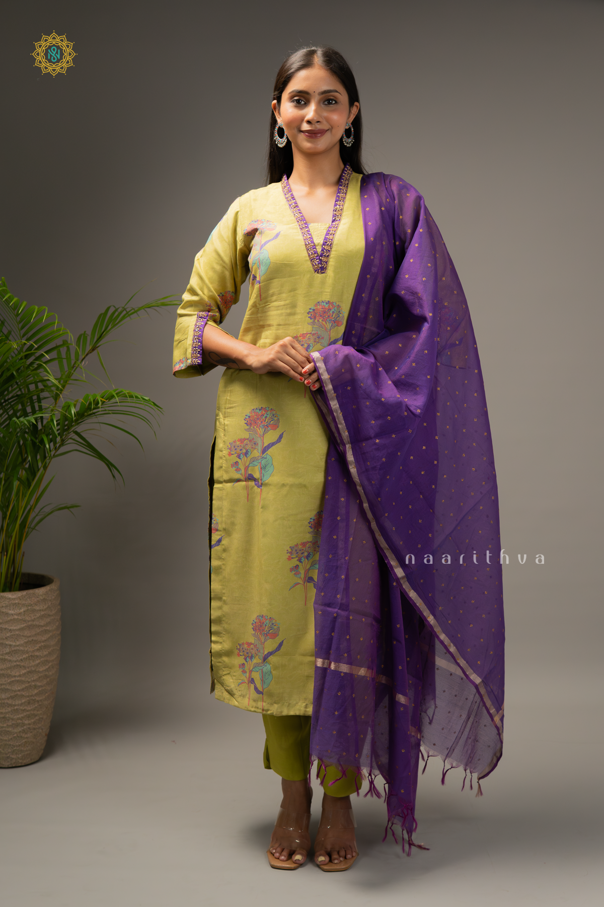 GREEN WITH PURPLE - MUSLIN 3PC SALWAR SUIT WITH TOP, BOTTOM & DUPPATA