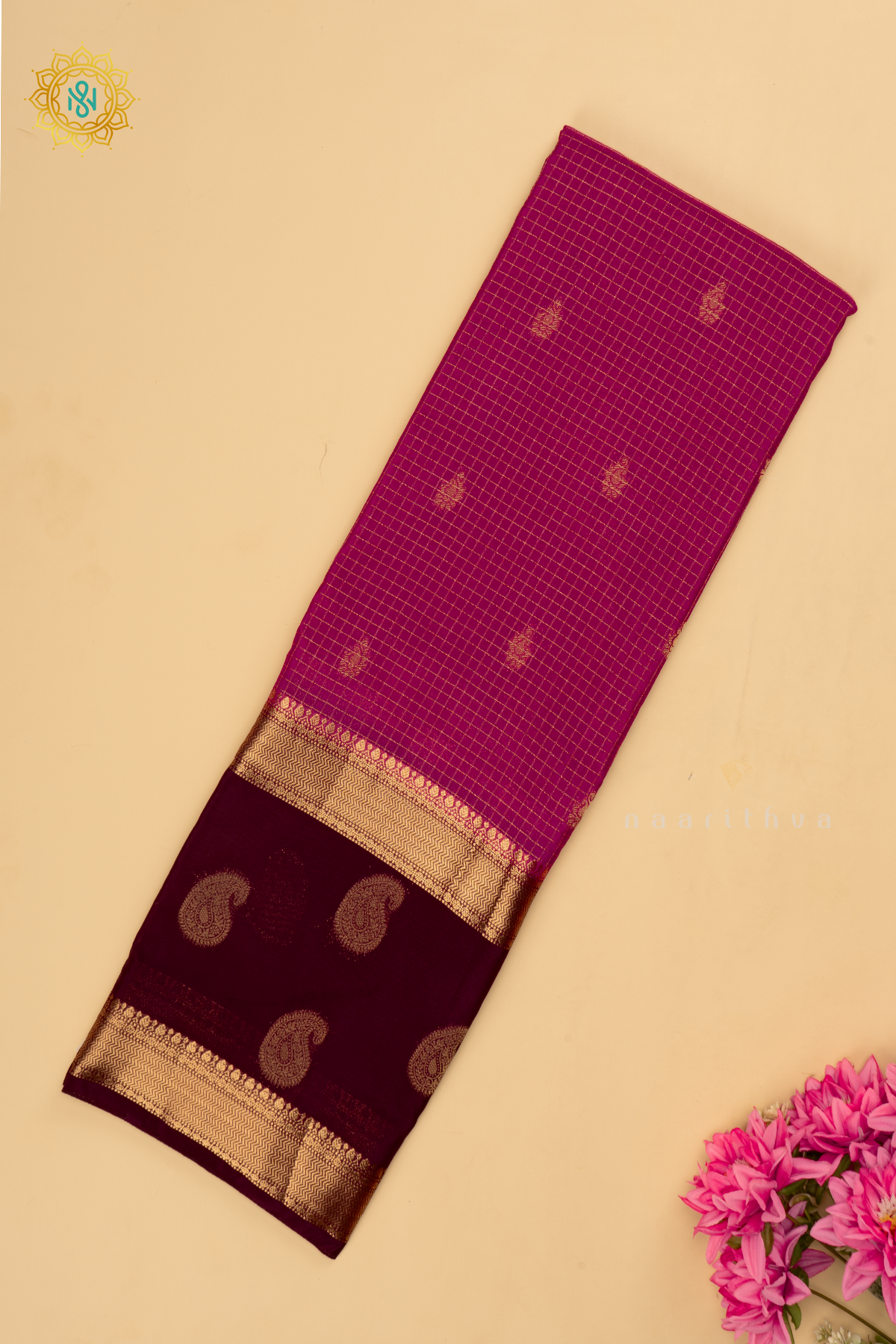 Magenta with Deep WIne Semi Mysore Crepe Silk Saree with All-Over Zari Checks and Buttas and a Contrast Zari Gap Border
