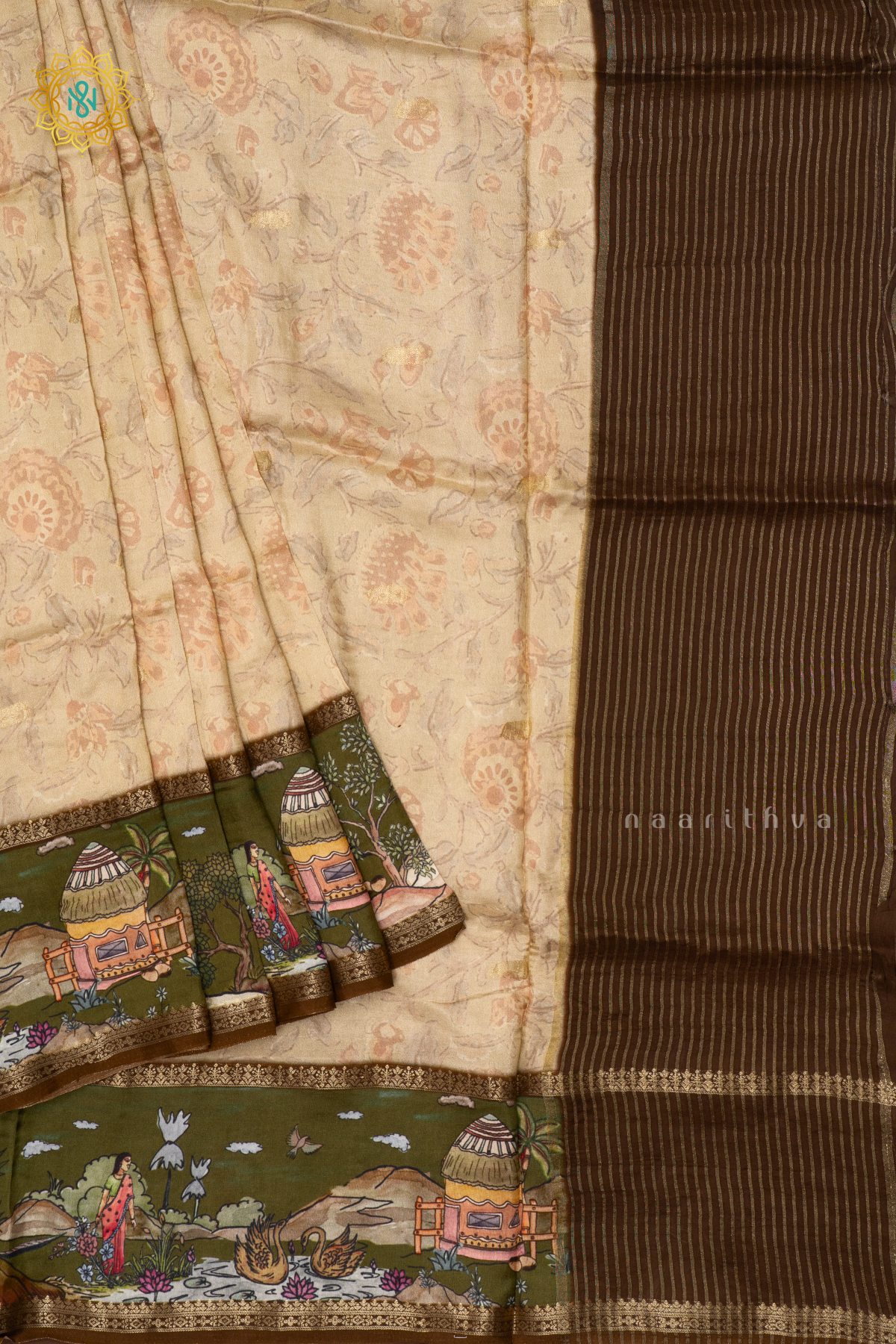 BEIGE WITH BROWN - SEMI CREPE SILK