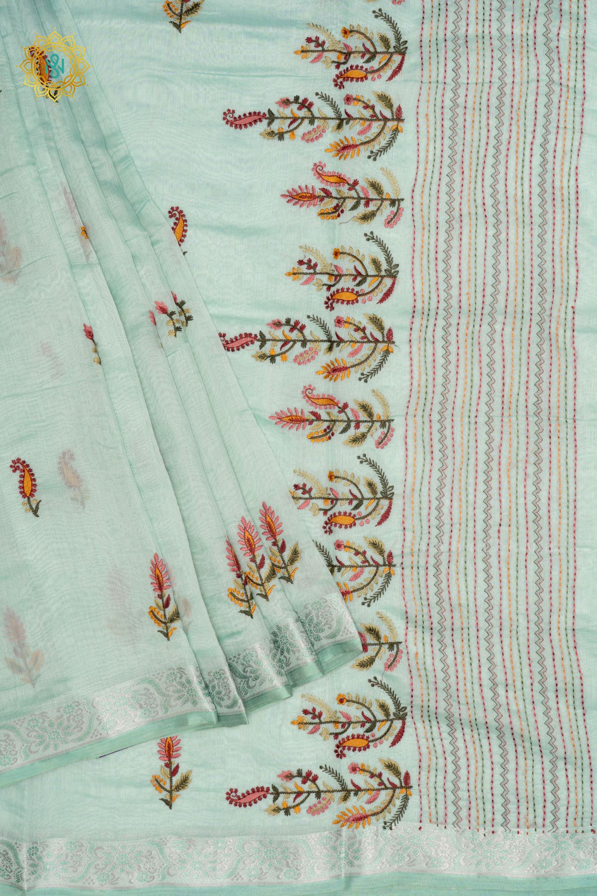 Light Green - Chanderi Cotton Saree With Embroidery Buttas, Pallu And Zari Border