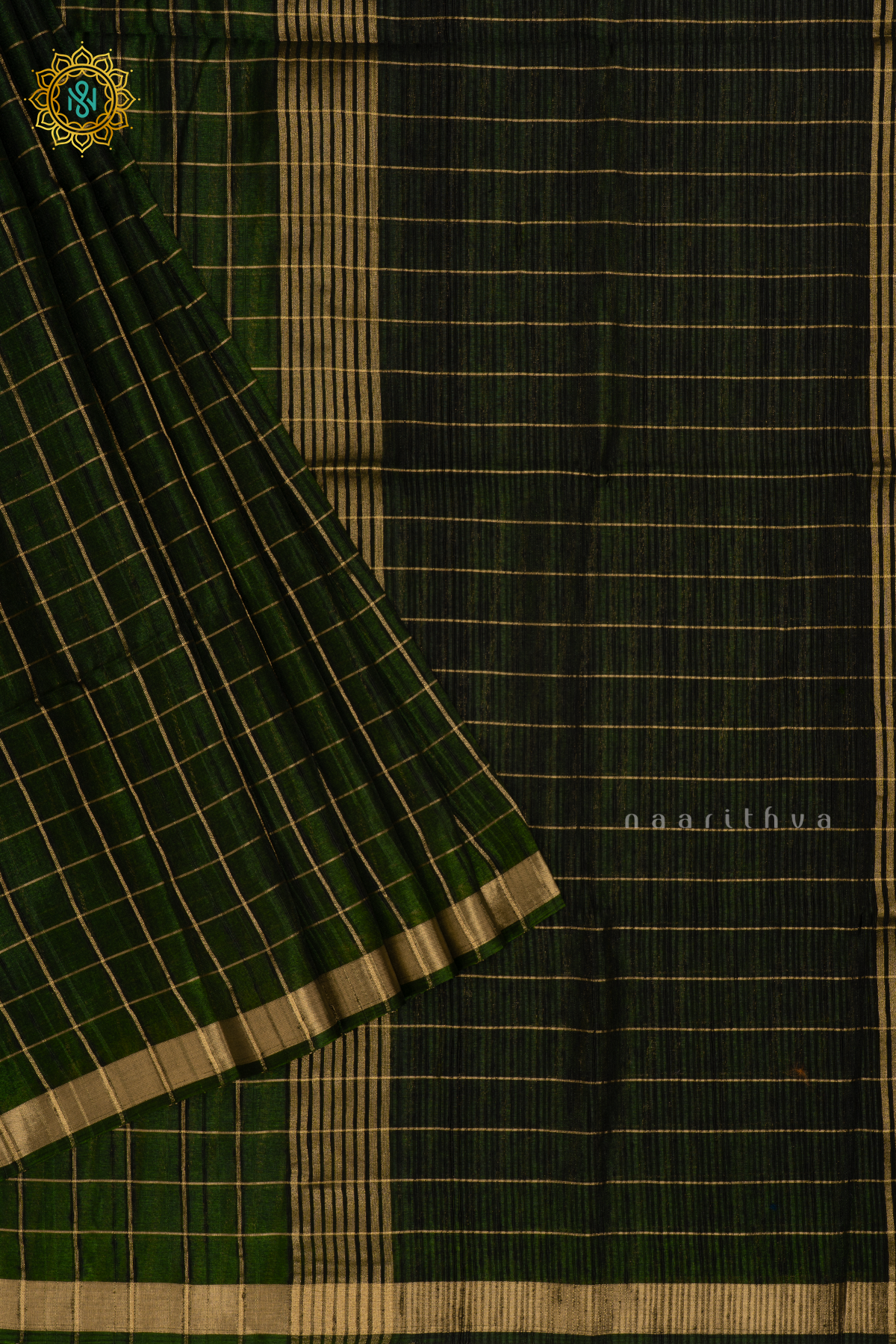 GREEN - SEMI RAW SILK SAREE WITH ALLOVER ZARI CHECKS