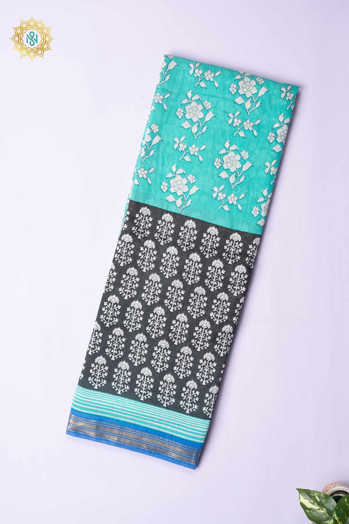 AQUA GREEN WITH ELEPHANT GREY & BLUE - BUTTER CREPE