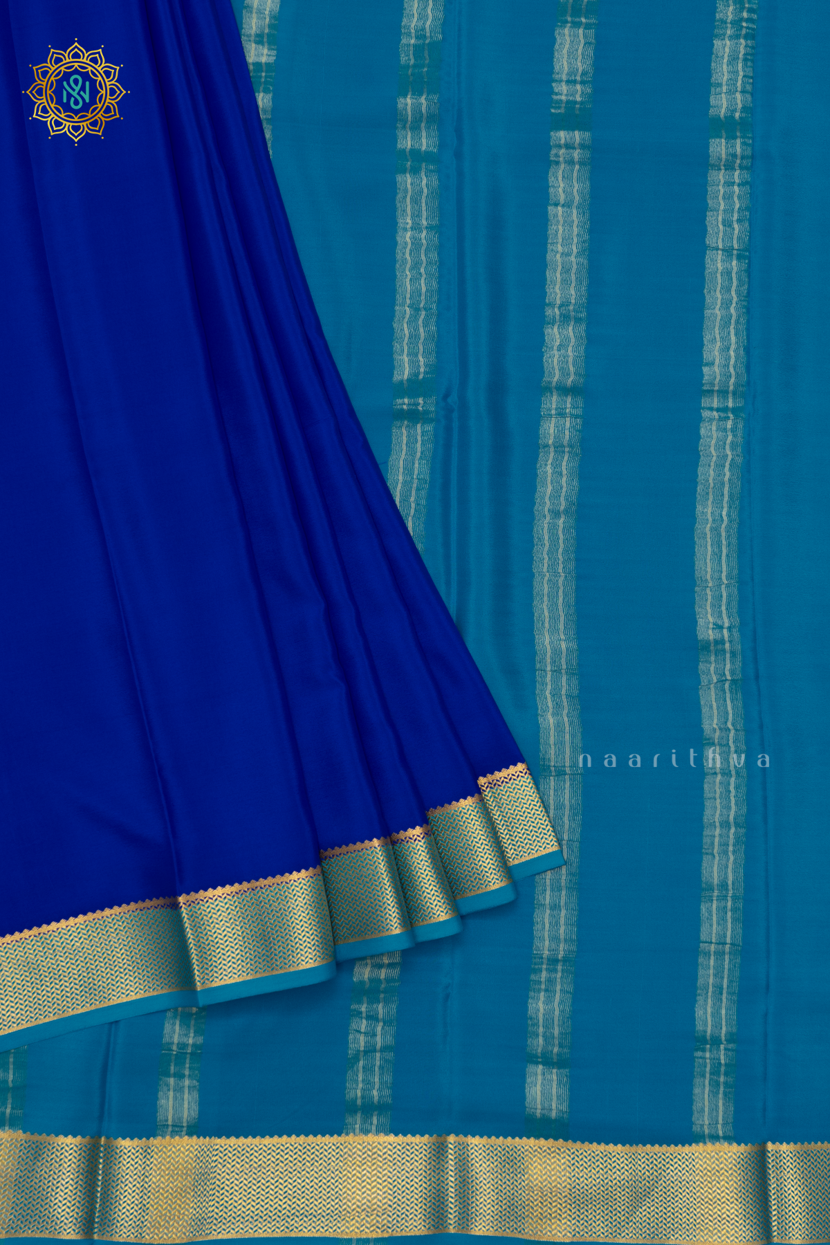 ROYAL BLUE WITH SKY BLUE - PURE MYSORE CREPE SILK