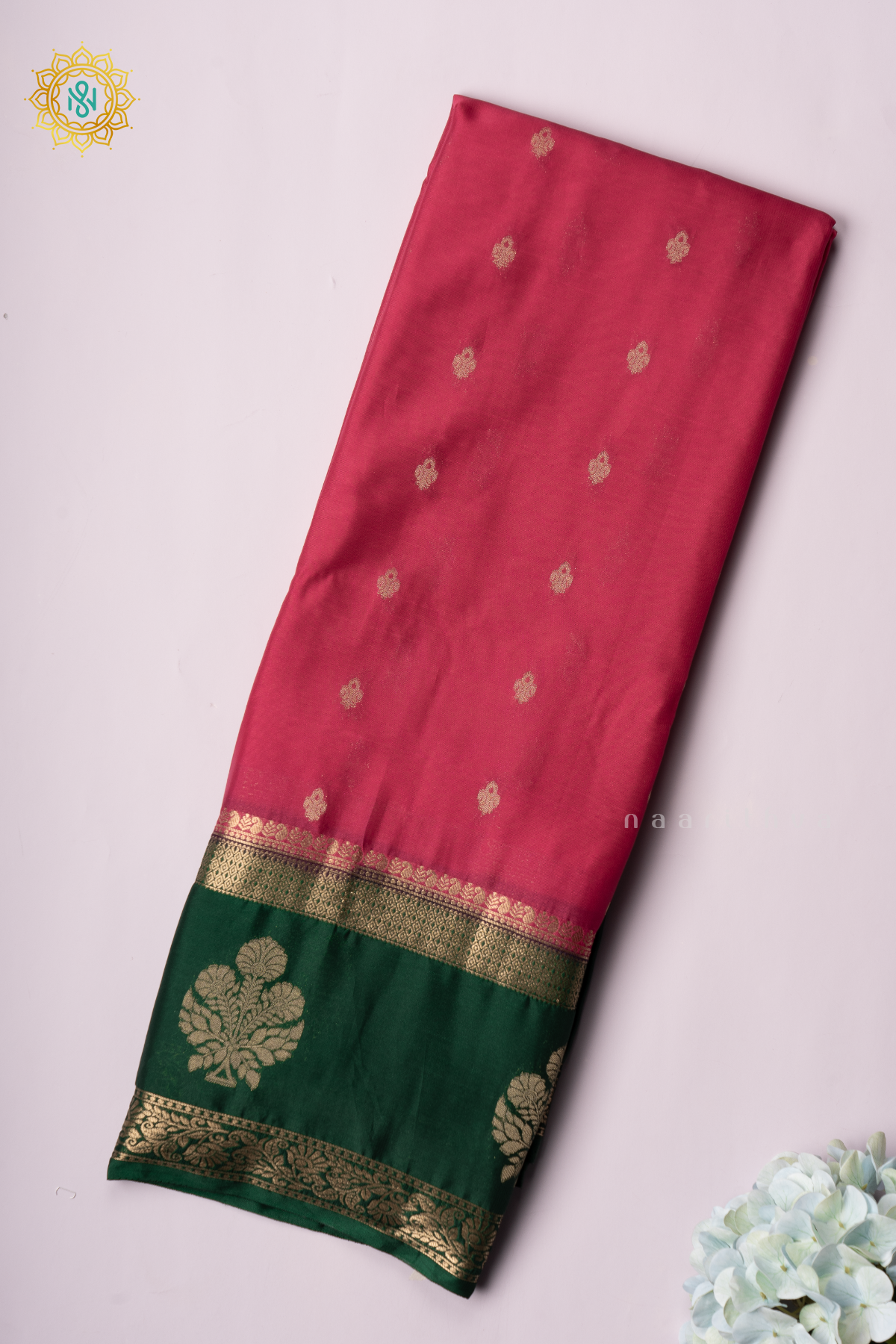 PINK WITH BOTTLE GREEN - SEMI MYSORE CREPE SILK
