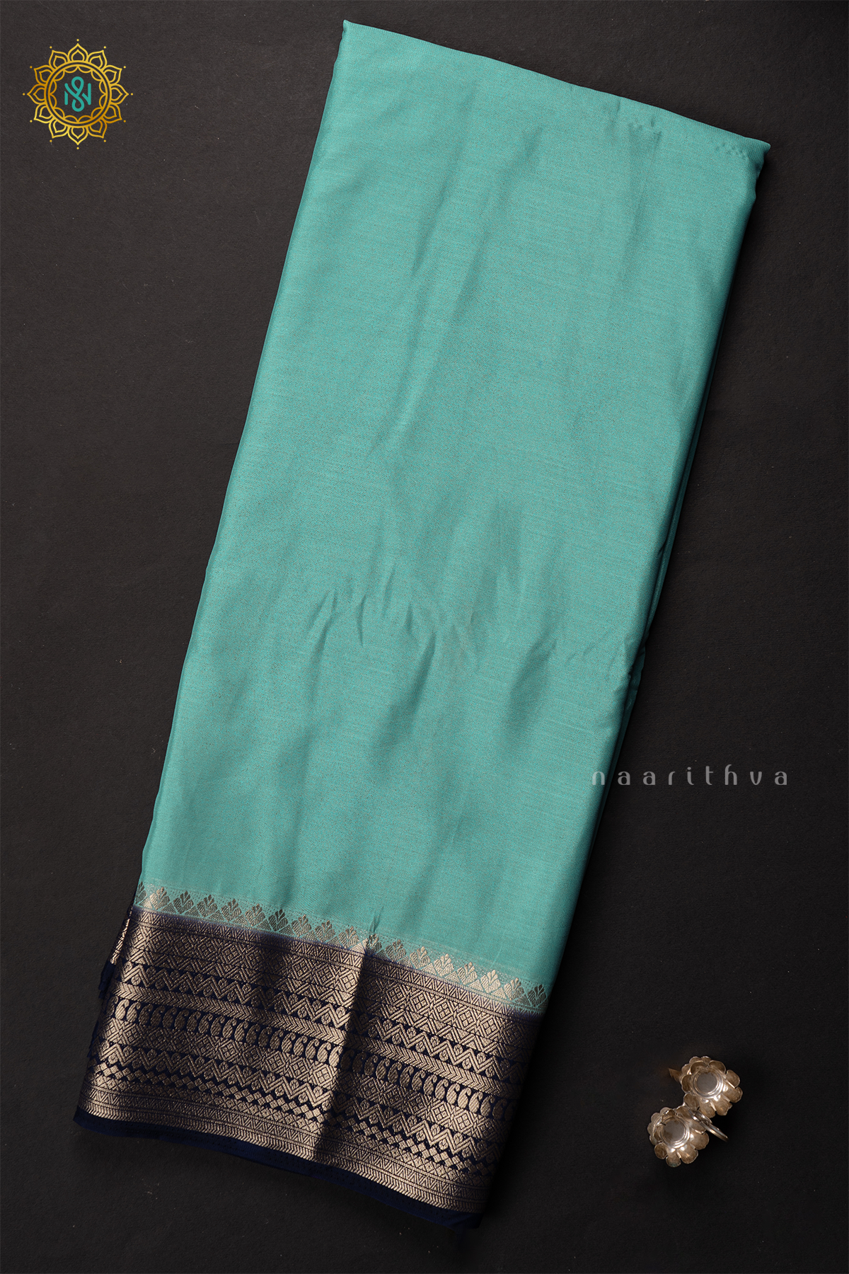 AQUA BLUE WITH NAVY BLUE - SEMI MYSORE CREPE SILK