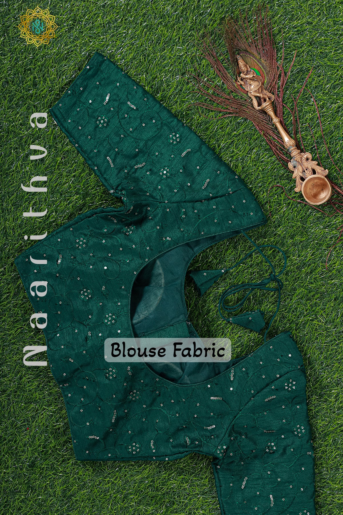 GREEN - READYMADE RAW SILK BLOUSE WITH SEQUINS WORK