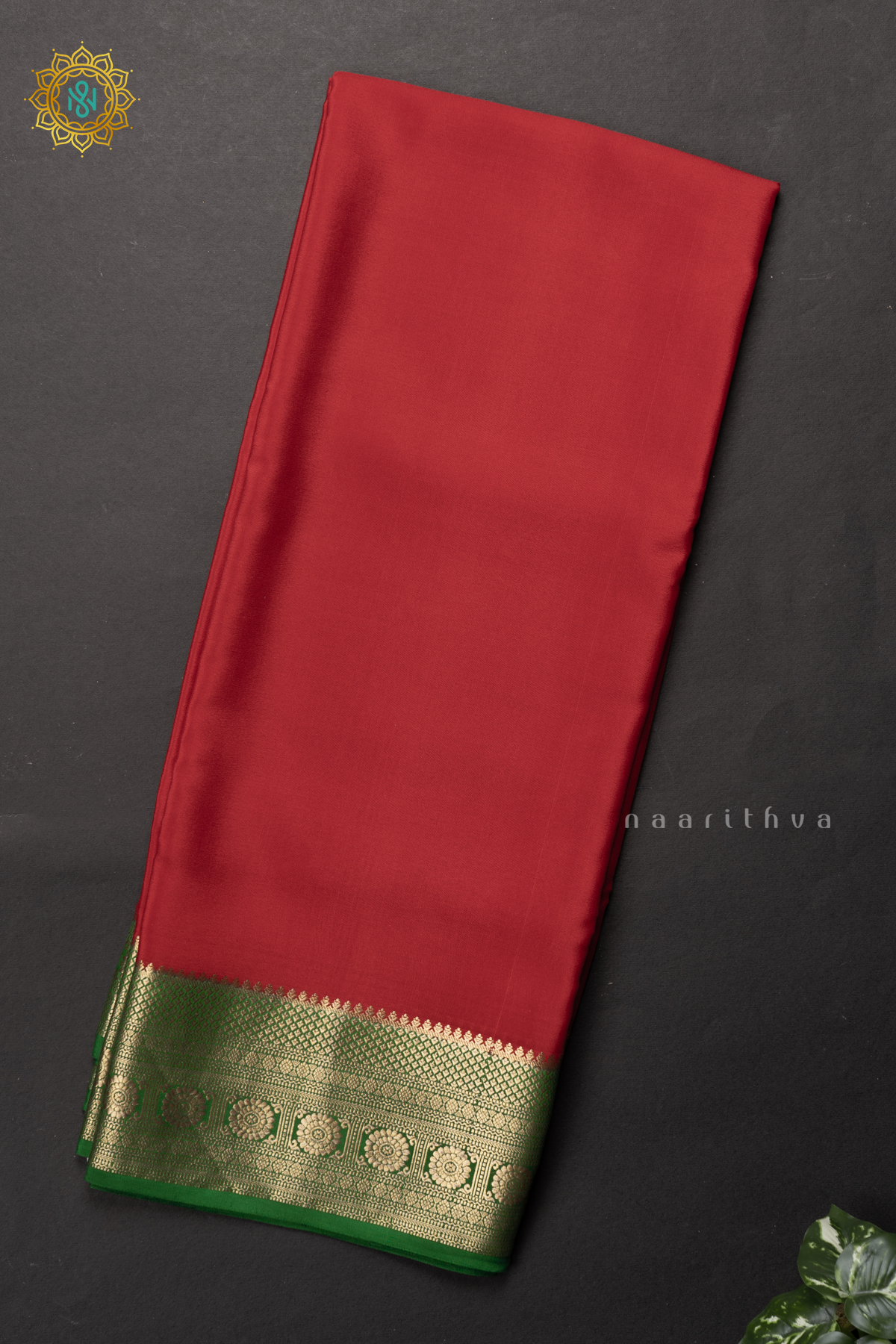 RED WITH GREEN - PURE MYSORE CREPE SILK
