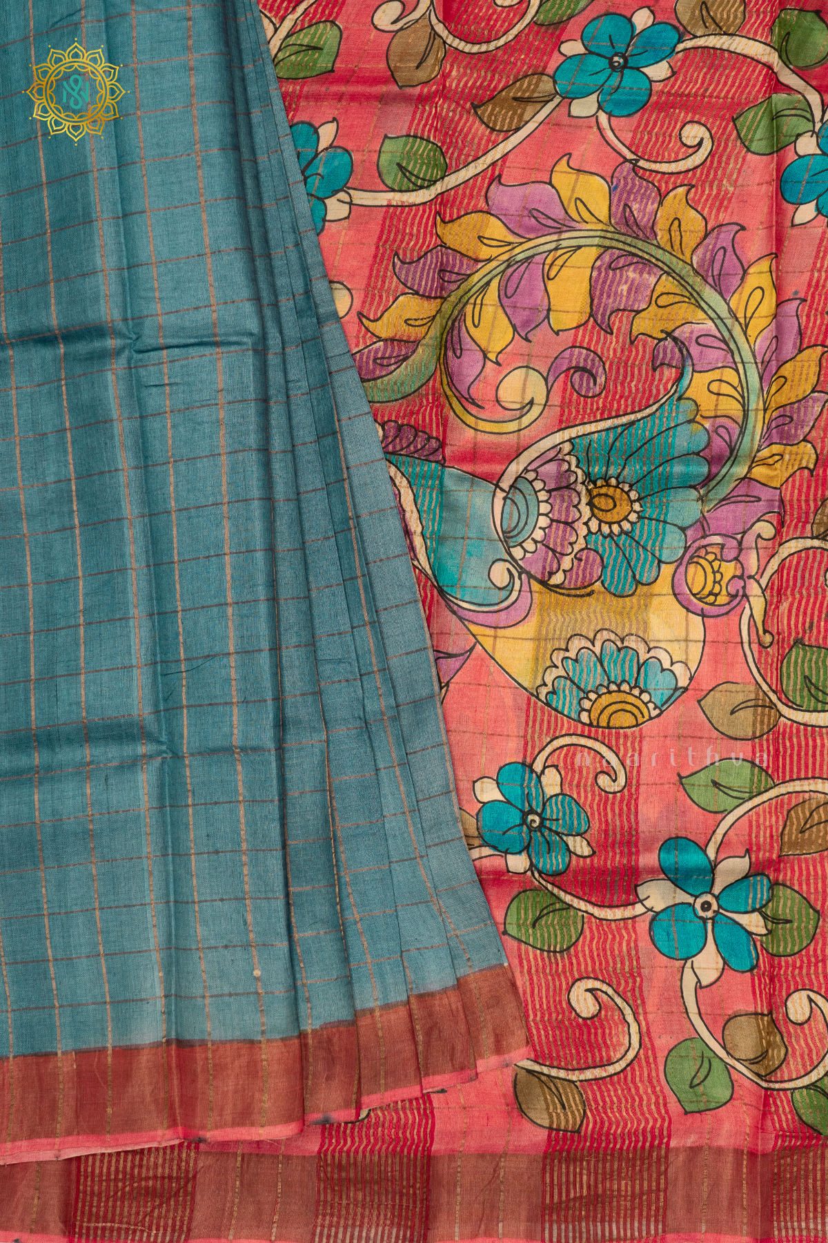 BLUE WITH DARK PEACH - PURE TUSSAR SILK