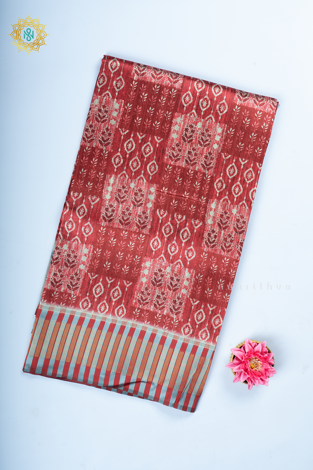 Red Semi Tussar Silk With Printed Body With Zari Border & Pallu