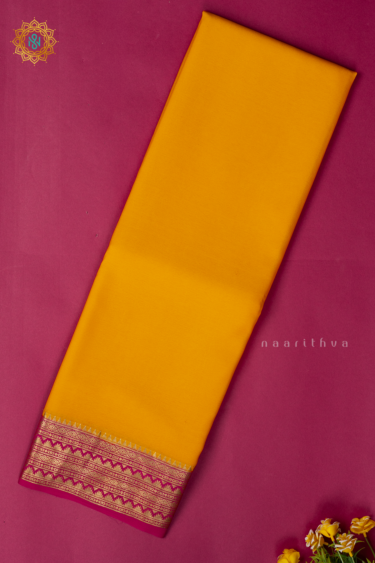 YELLOW WITH PINK - PURE MYSORE CREPE SILK