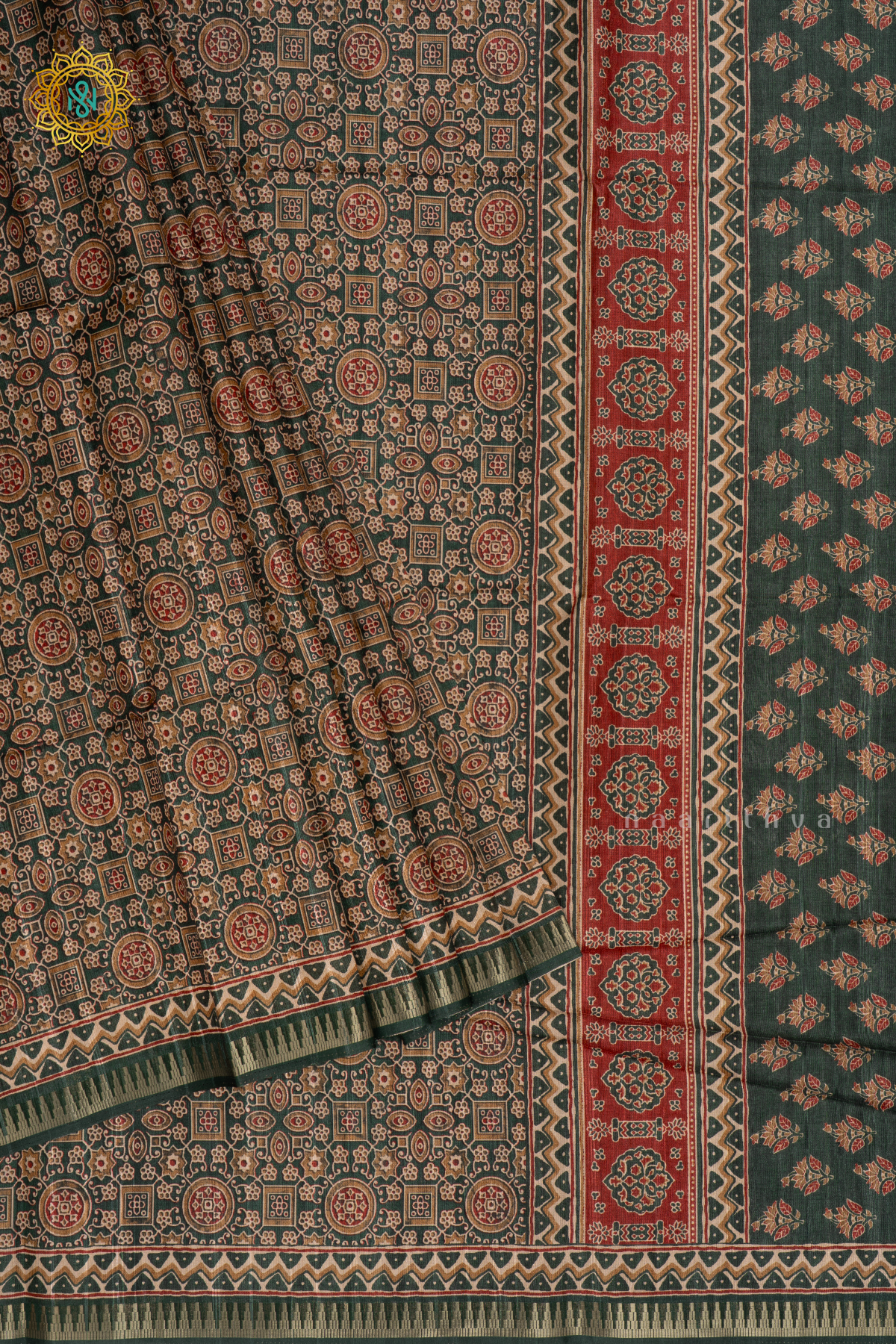 Bottle Green - Semi Gicha Tussar Saree Allover Ajrakh Printed Body With Pallu And Blouse