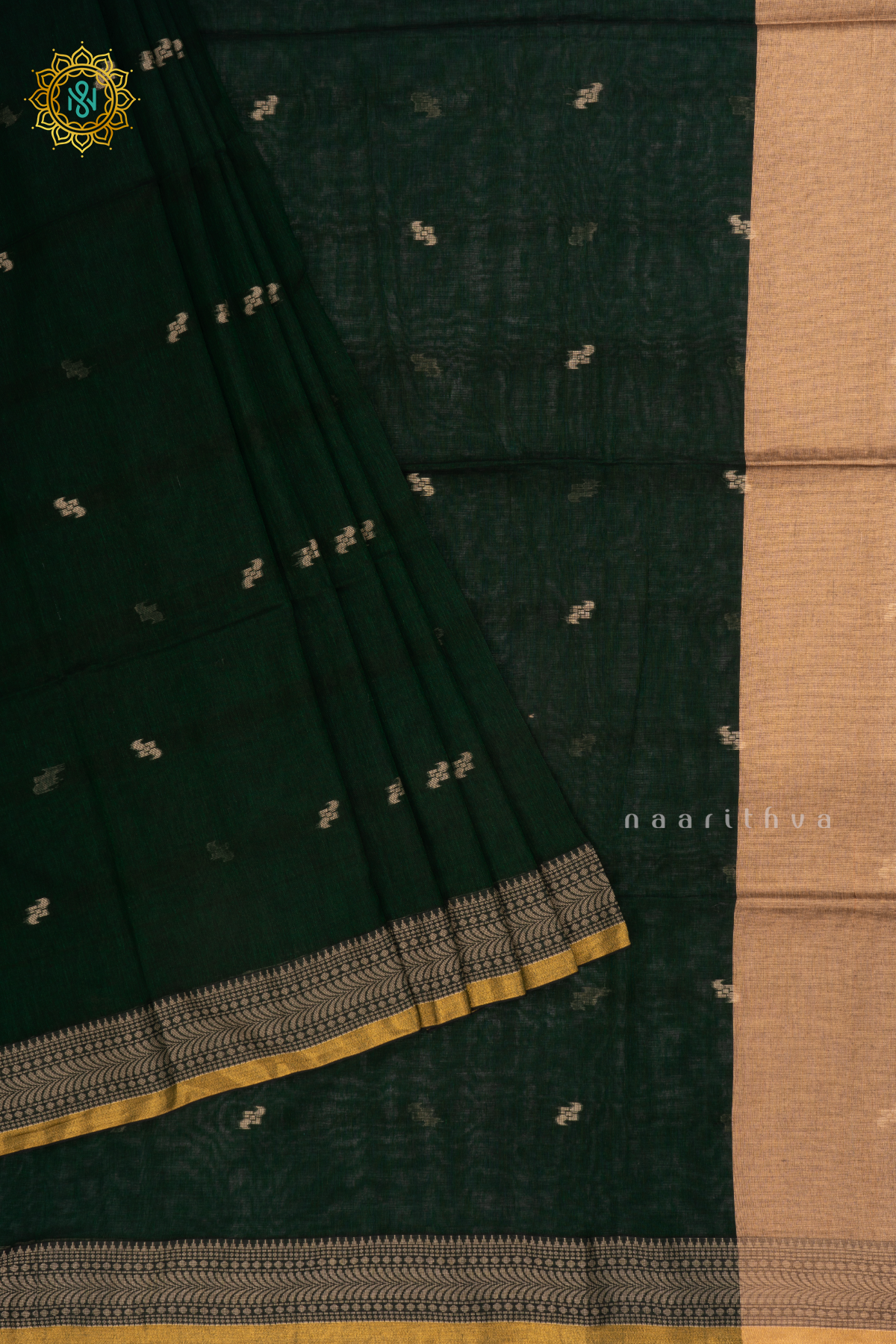 Bottle Green Mul Cotton Saree Thread Woven Buttas On The Body With Thread and Zari Woven Border