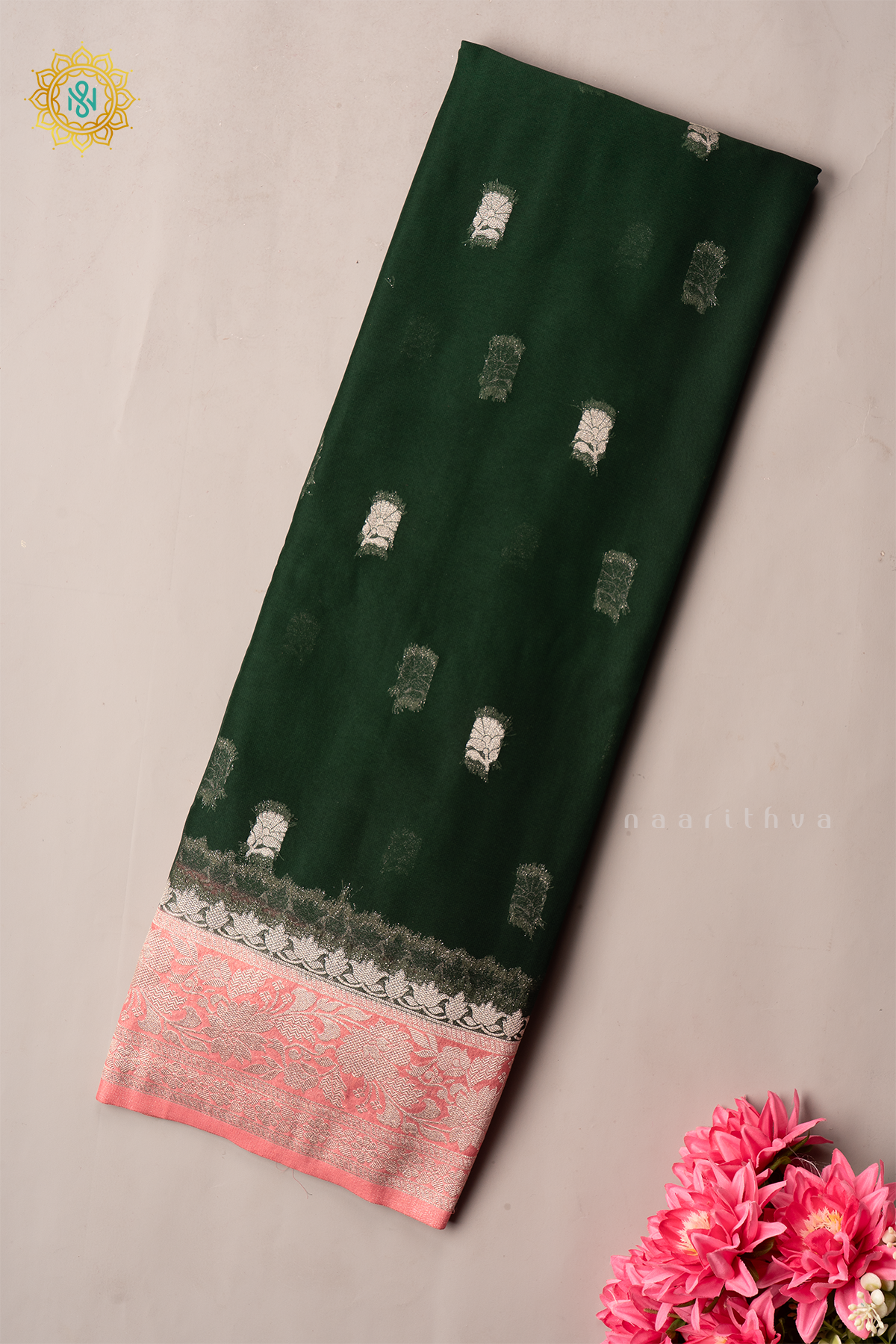 BOTTLE GREEN WITH PEACH - SEMI CHIFFON BANARASI