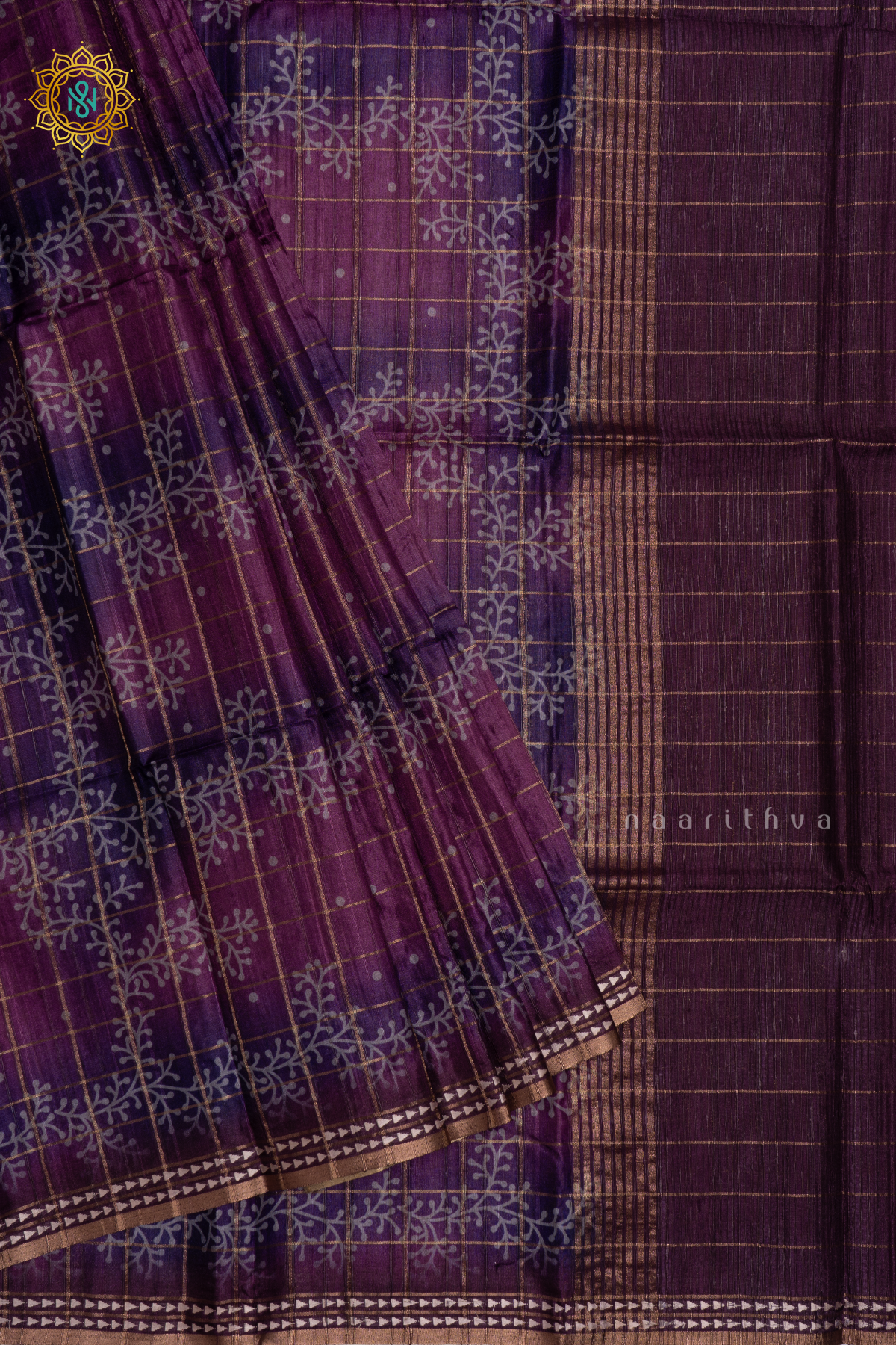 PURPLE - KOTHA TUSSAR SAREE WITH PRINTED AND ZARI CHECKS BODY, THREAD WOVEN BORDER