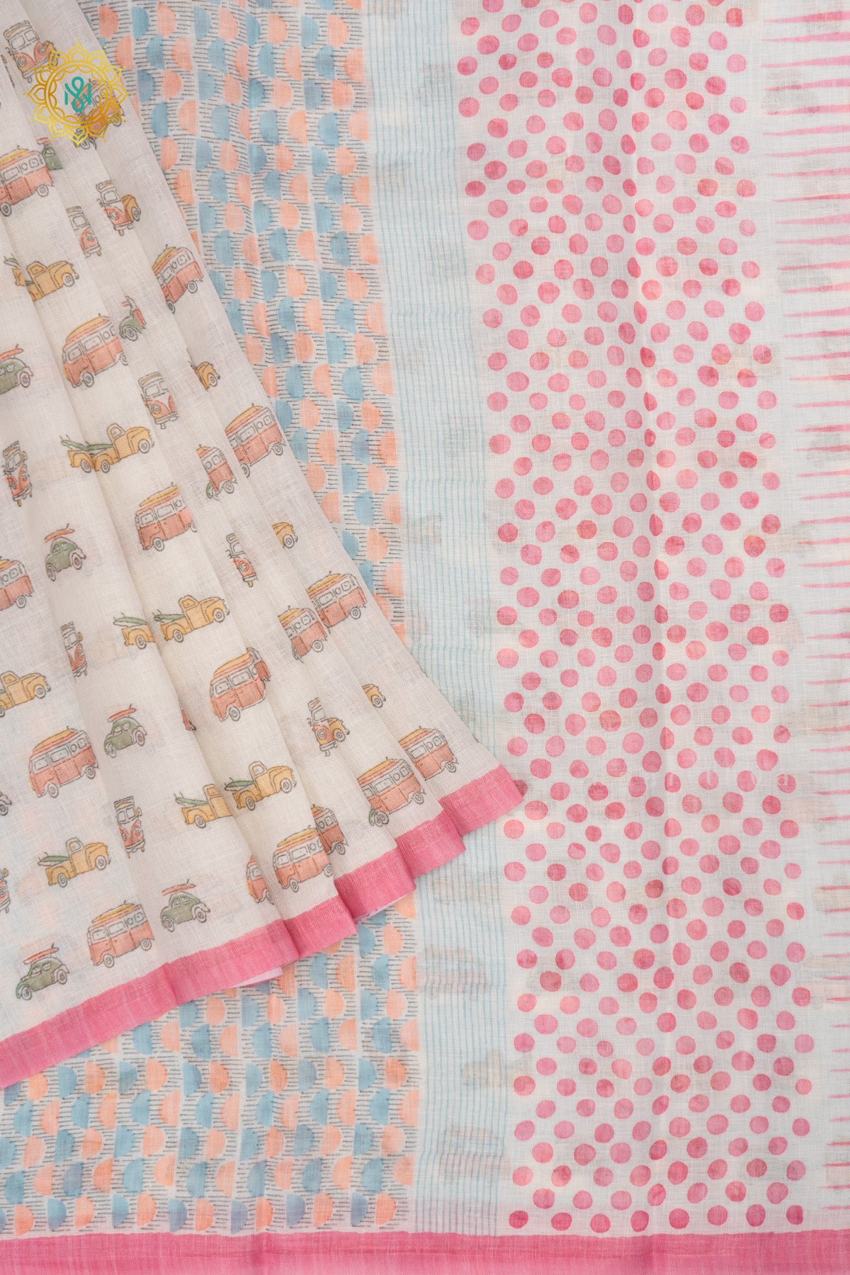 White with Light Pink Linen Cotton Saree with Allover Pastel Vintage Vehicle Prints and Contrast Border