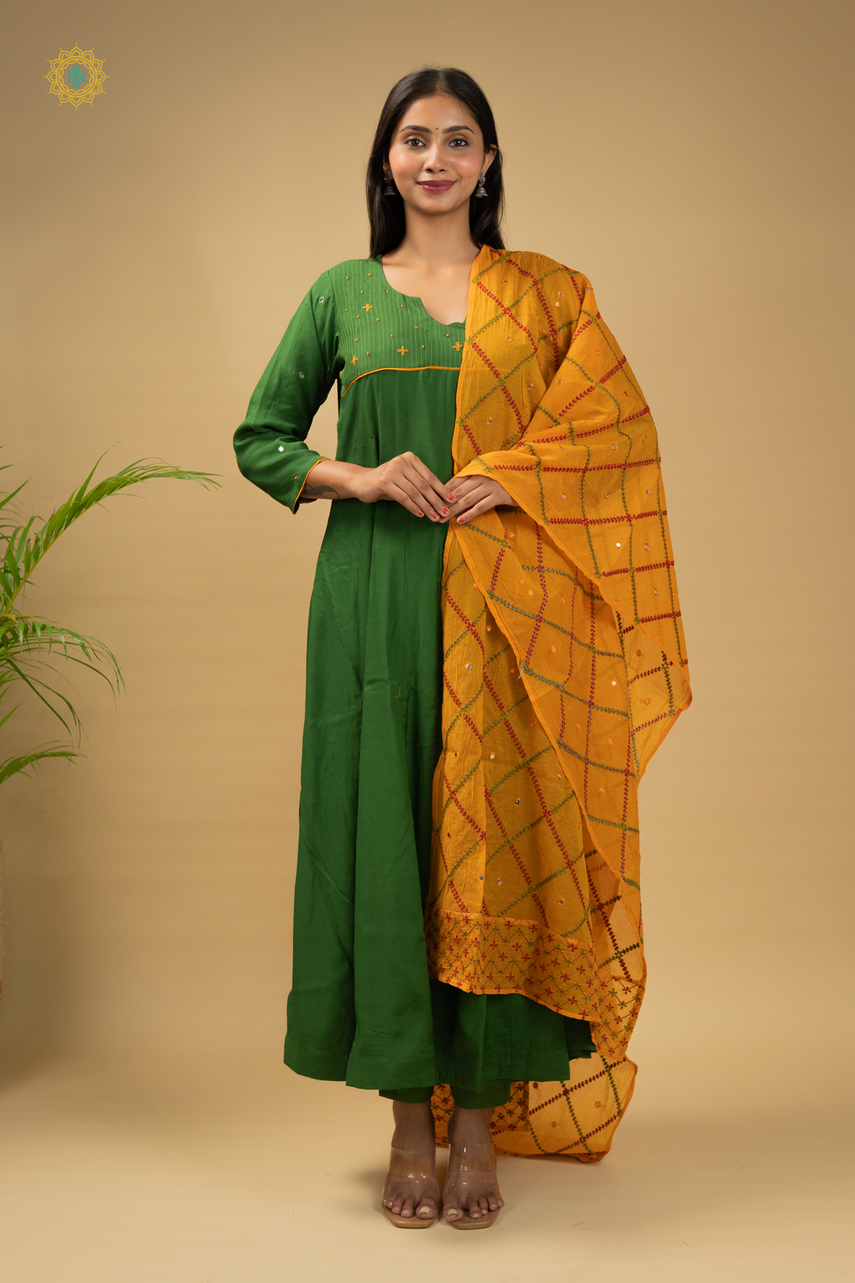 GREEN WITH YELLOW - 3PC DOLA SILK SALWAR SUITS WITH TOP, BOTTOM & DUPATTA