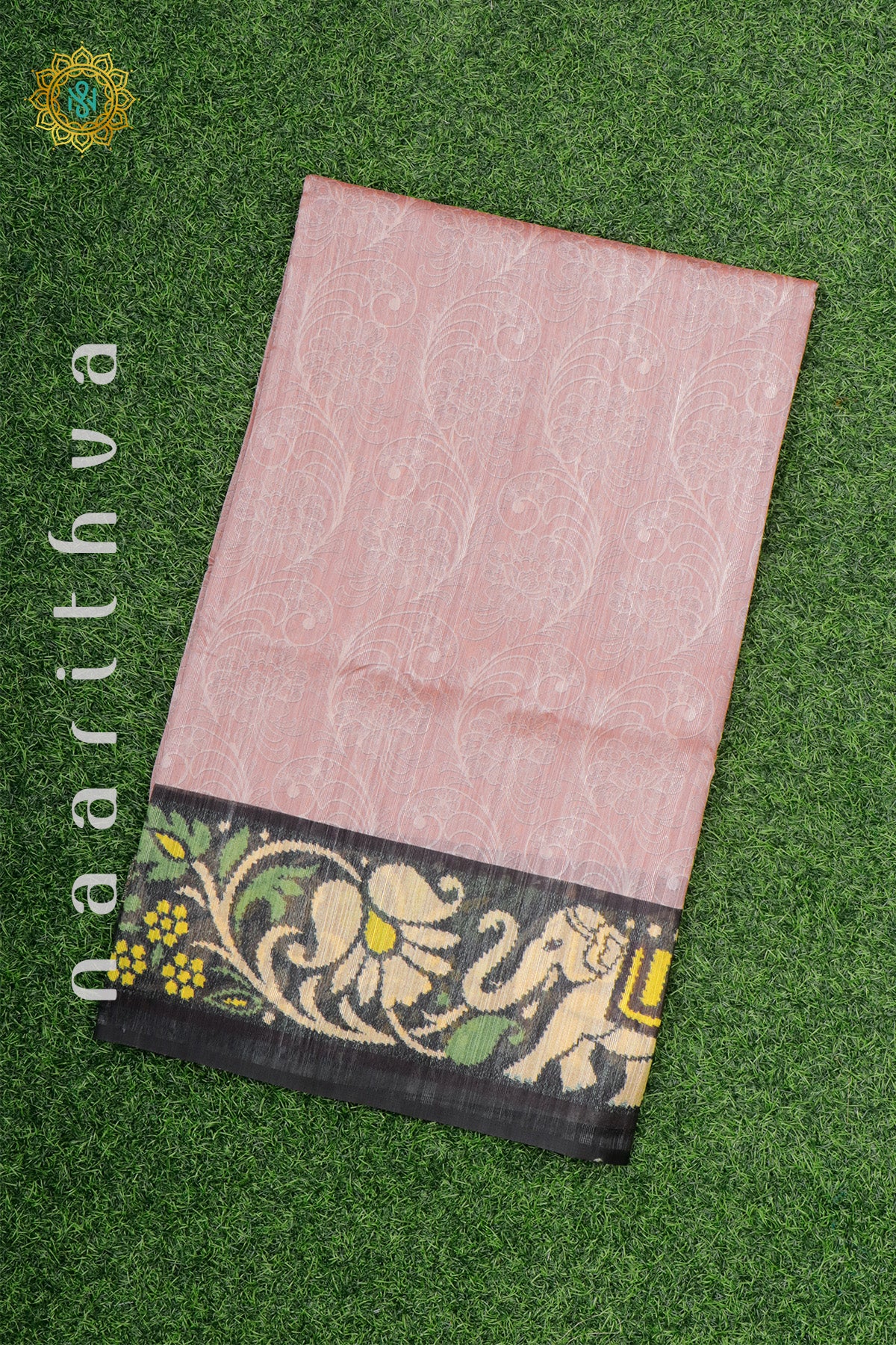 PEACHISH PINK WITH BOTTLE GREEN - JUTE COTTON