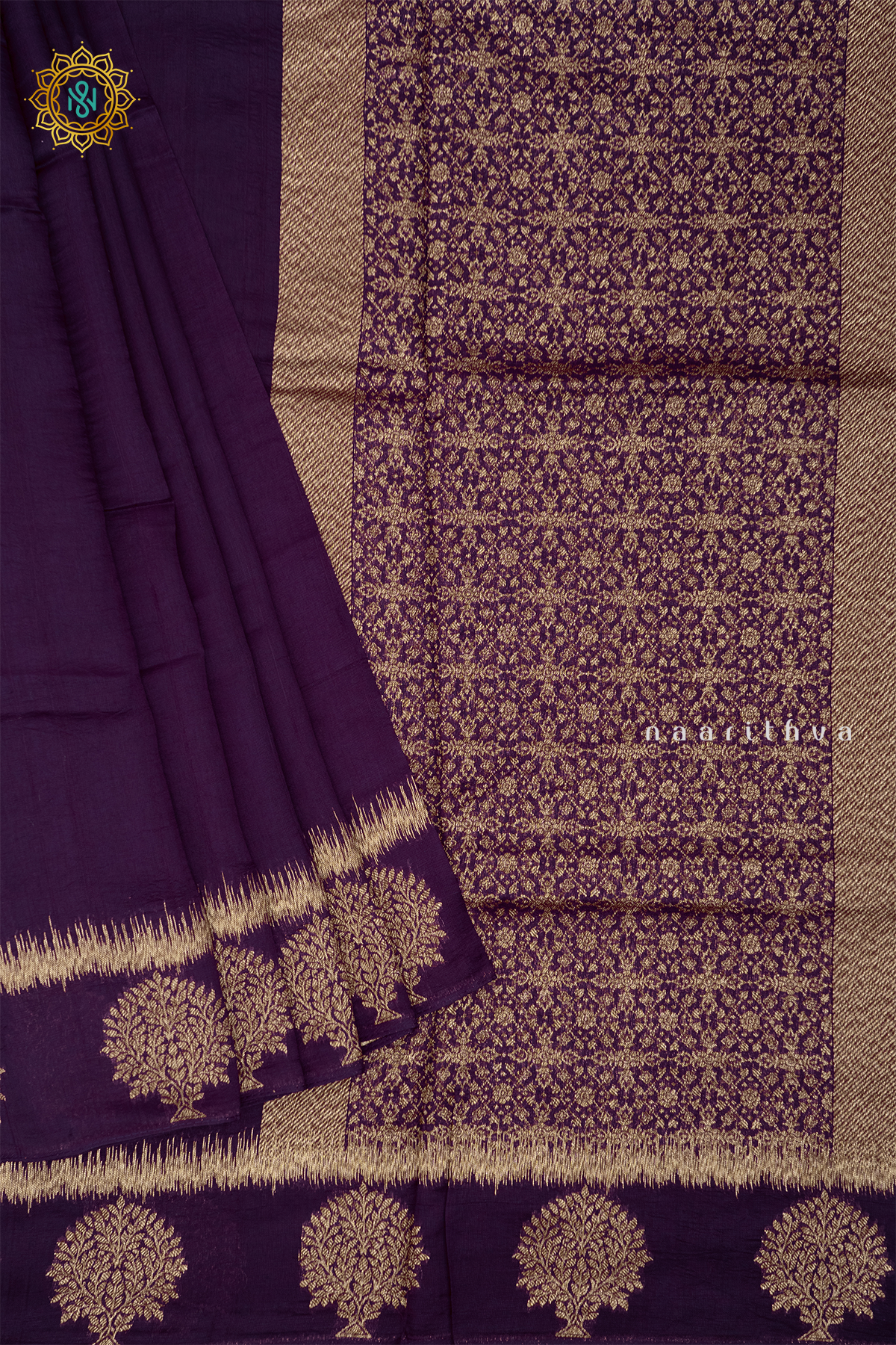 WINE WITH PEACOCK BLUE - SEMI TUSSAR SILK