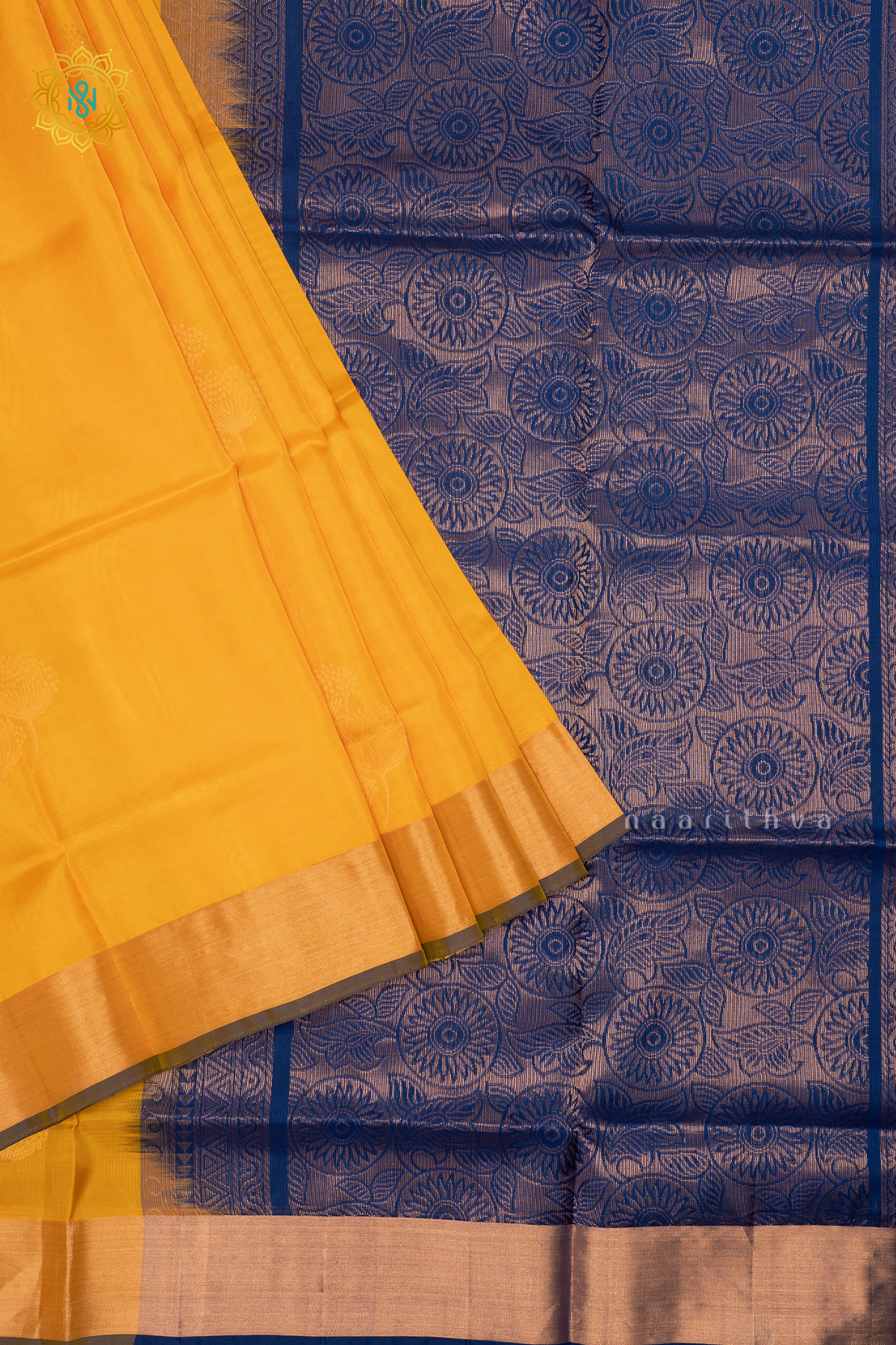 Yellow with Blue Pure Mix Kanjivaram Soft Silk Saree with All-Over Zari Buttas and a Contrast Zari Border