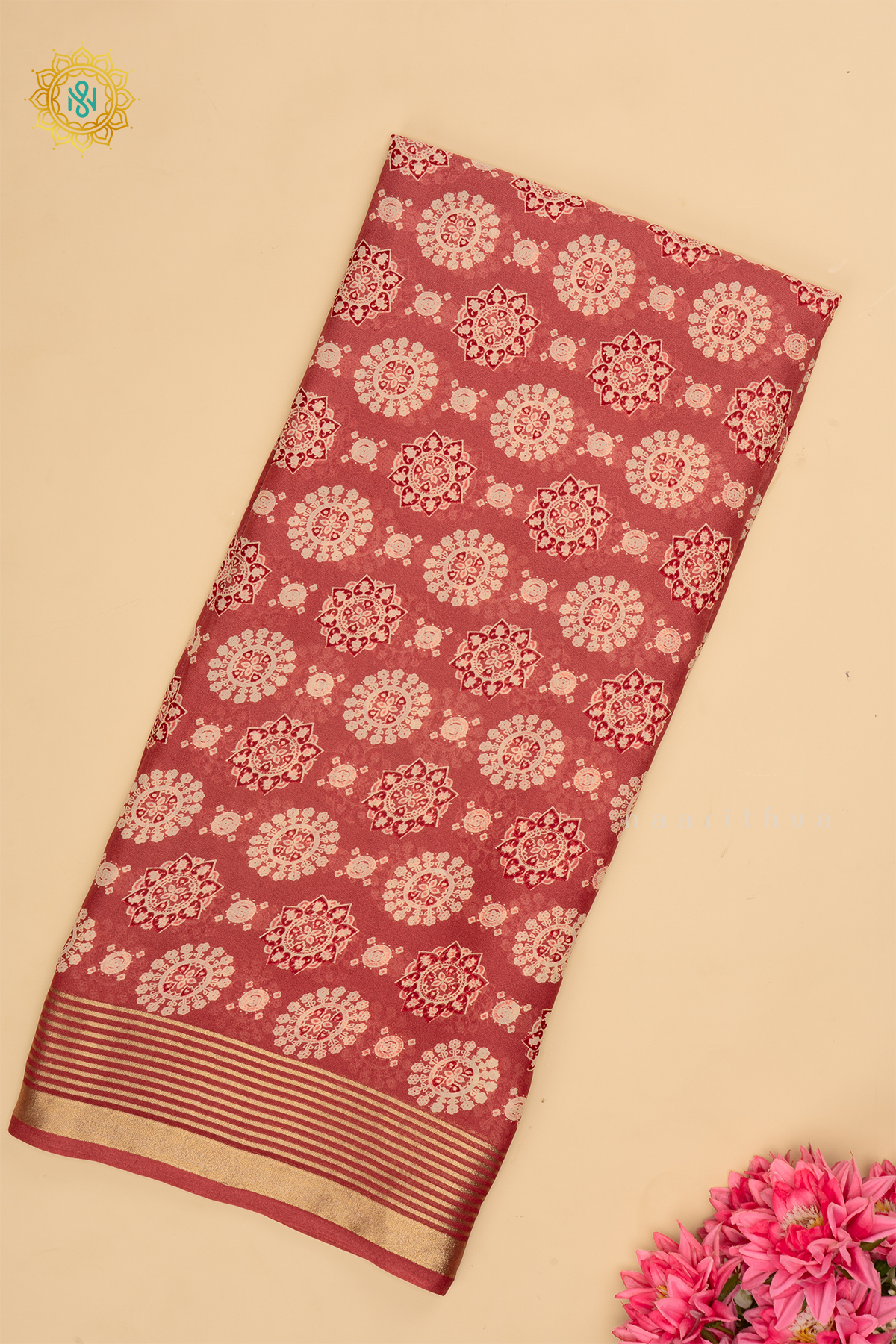 Peach - Semi Georgette Printed Body With Zari Striped Border