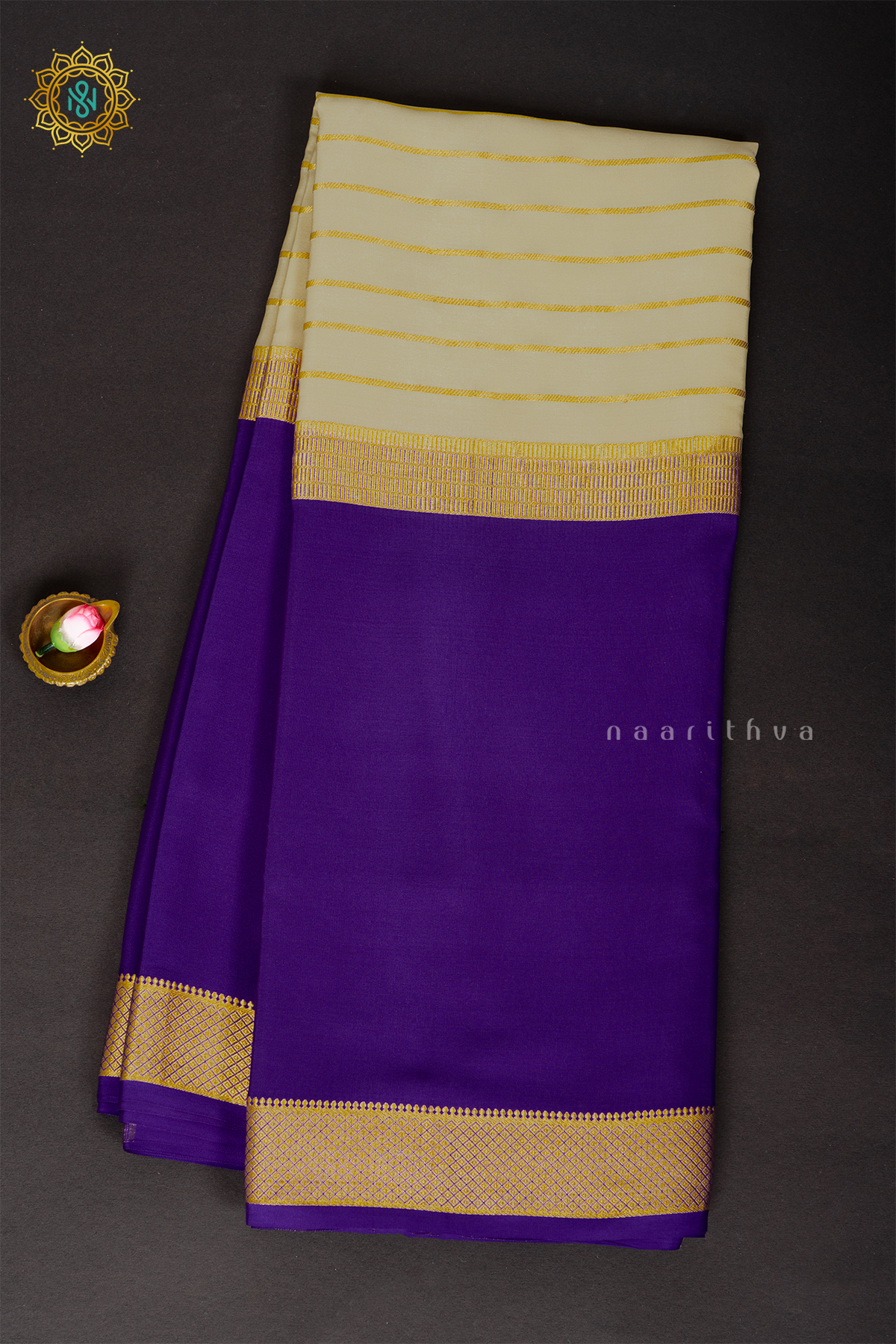 OFF WHITE WITH VIOLET - PURE MYSORE CREPE SILK