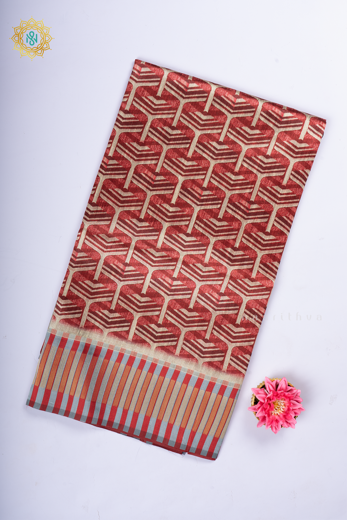 Red Semi Tussar Silk With Printed Body With Zari Border & Pallu