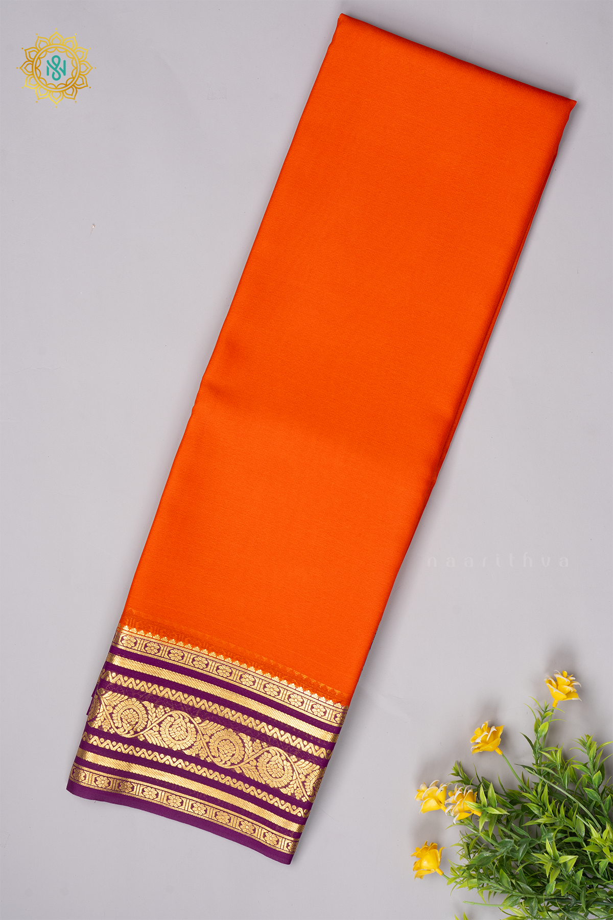 ORANGE WITH PURPLE - PURE MYSORE CREPE SILK