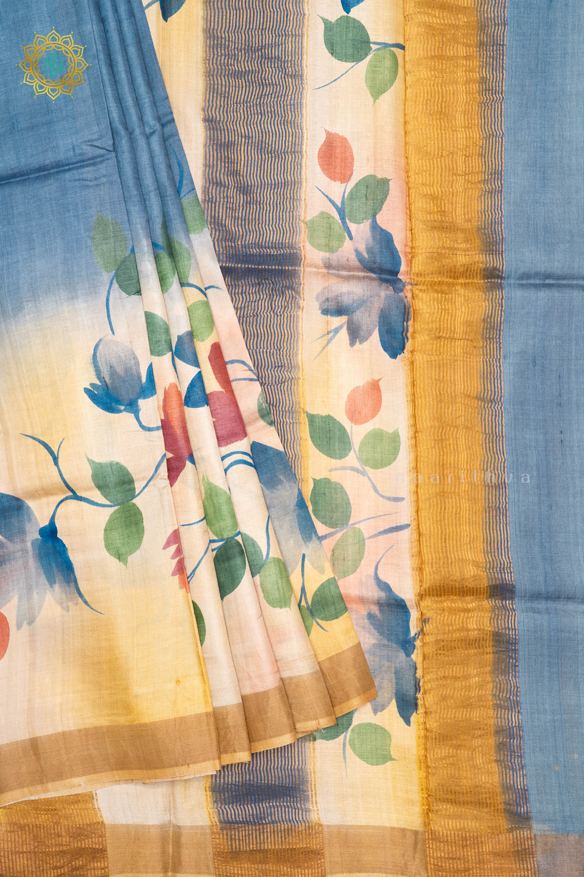 BLUE WITH YELLOW - PURE TUSSAR SILK WITH HAND PAINTED