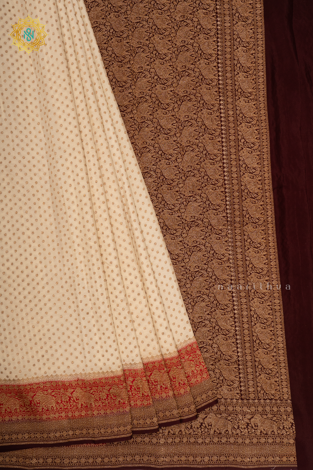 WHITE WITH RED & BROWN - PURE BANARASI CREPE SILK