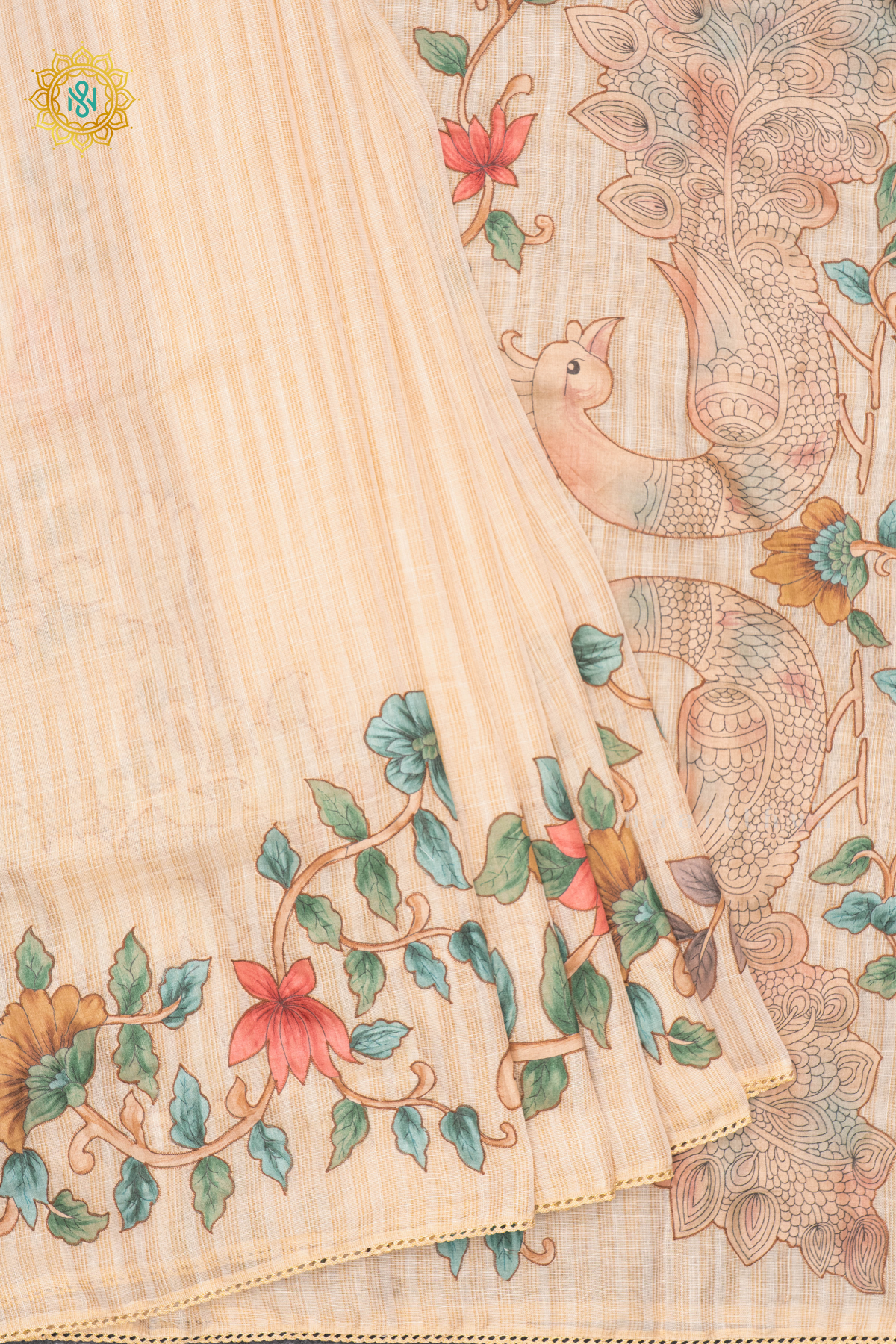 OFF WHITE WITH BEIGE - LINEN TISSUE WITH APPLIQUE WORK