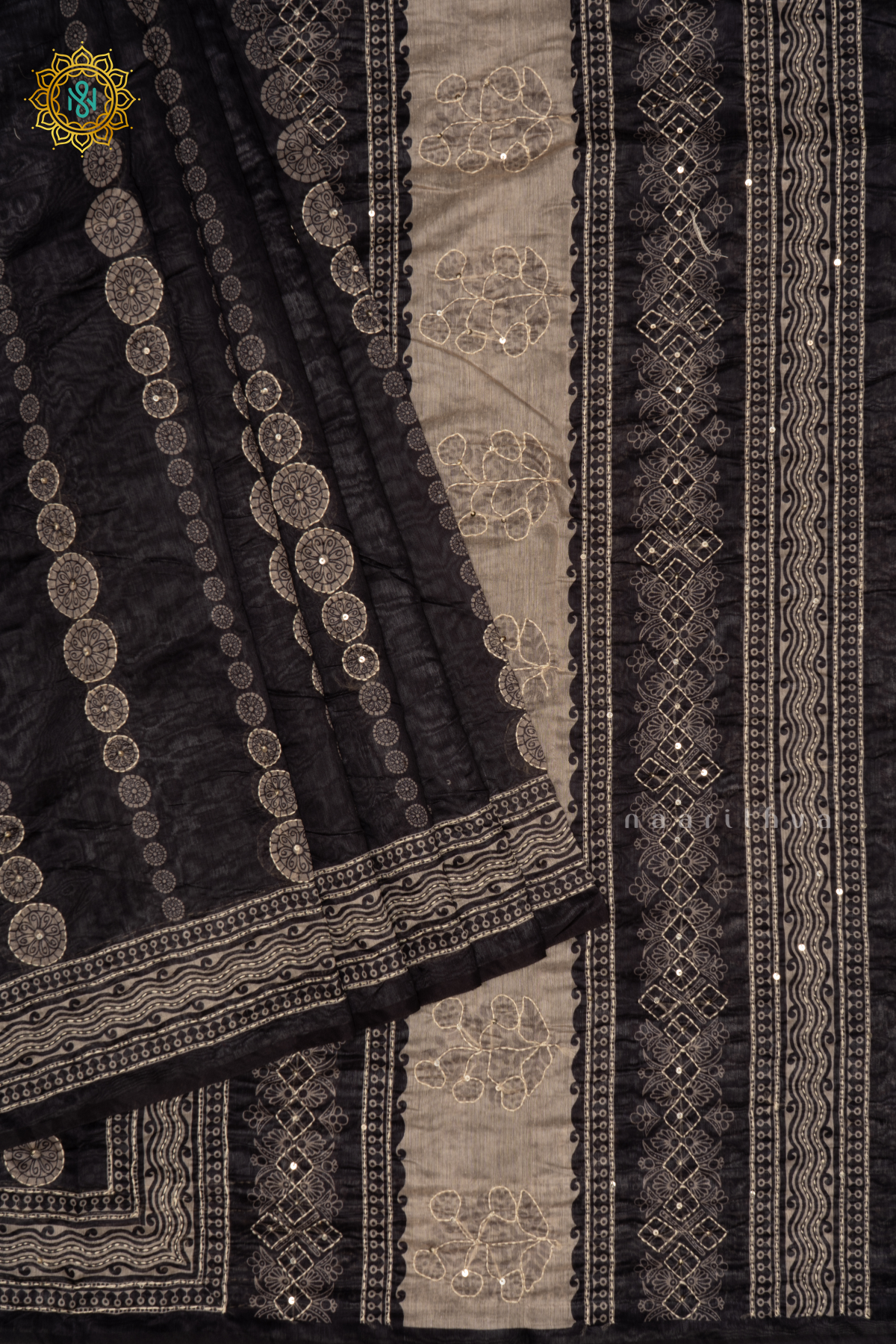 Black Chanderi Cotton Saree With Printed Body And Katha Work All Over