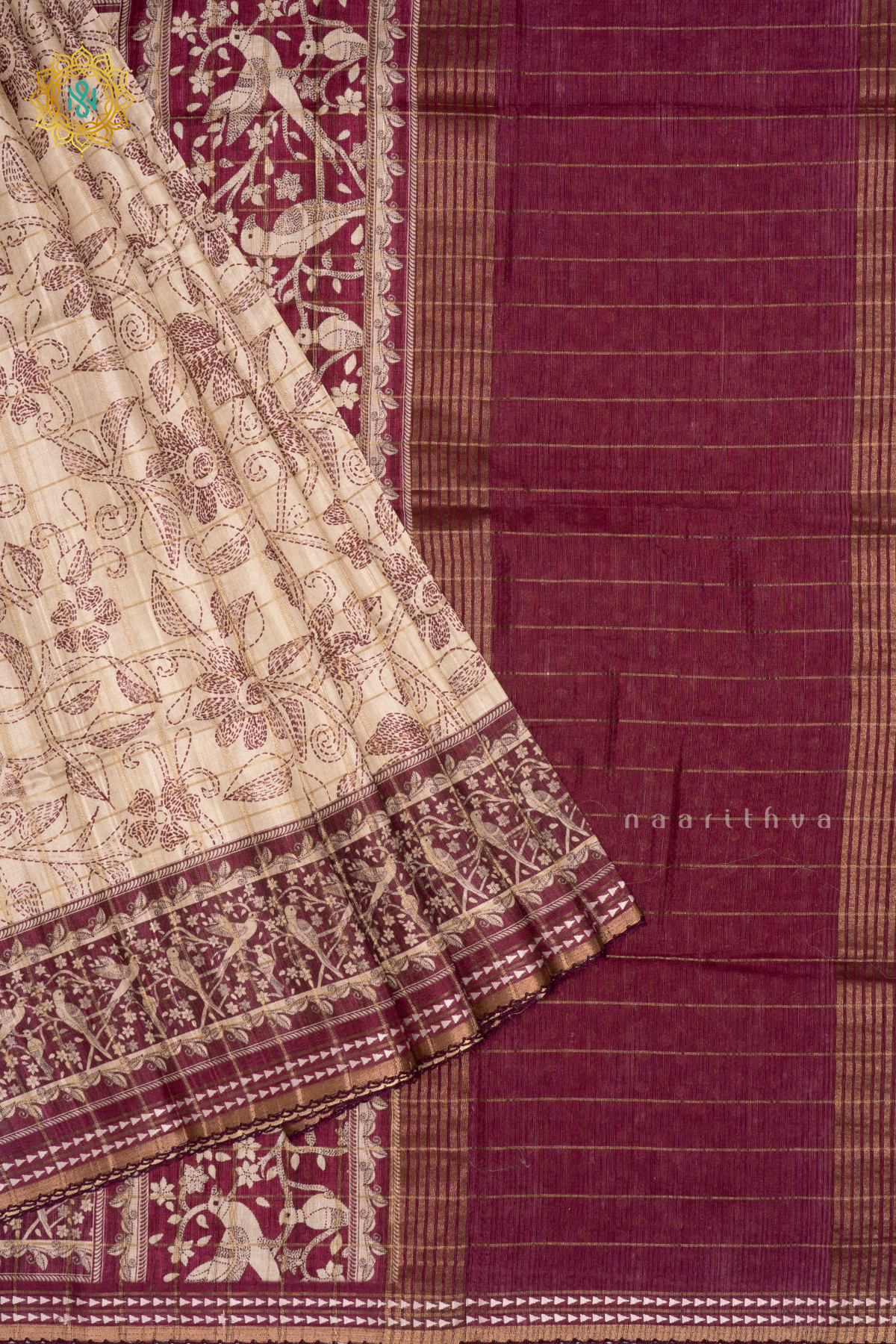 Off White With Magenta Semi Tussar Silk Saree Allover Printed And Zari Striped Body With Thread Woven Tissue Border