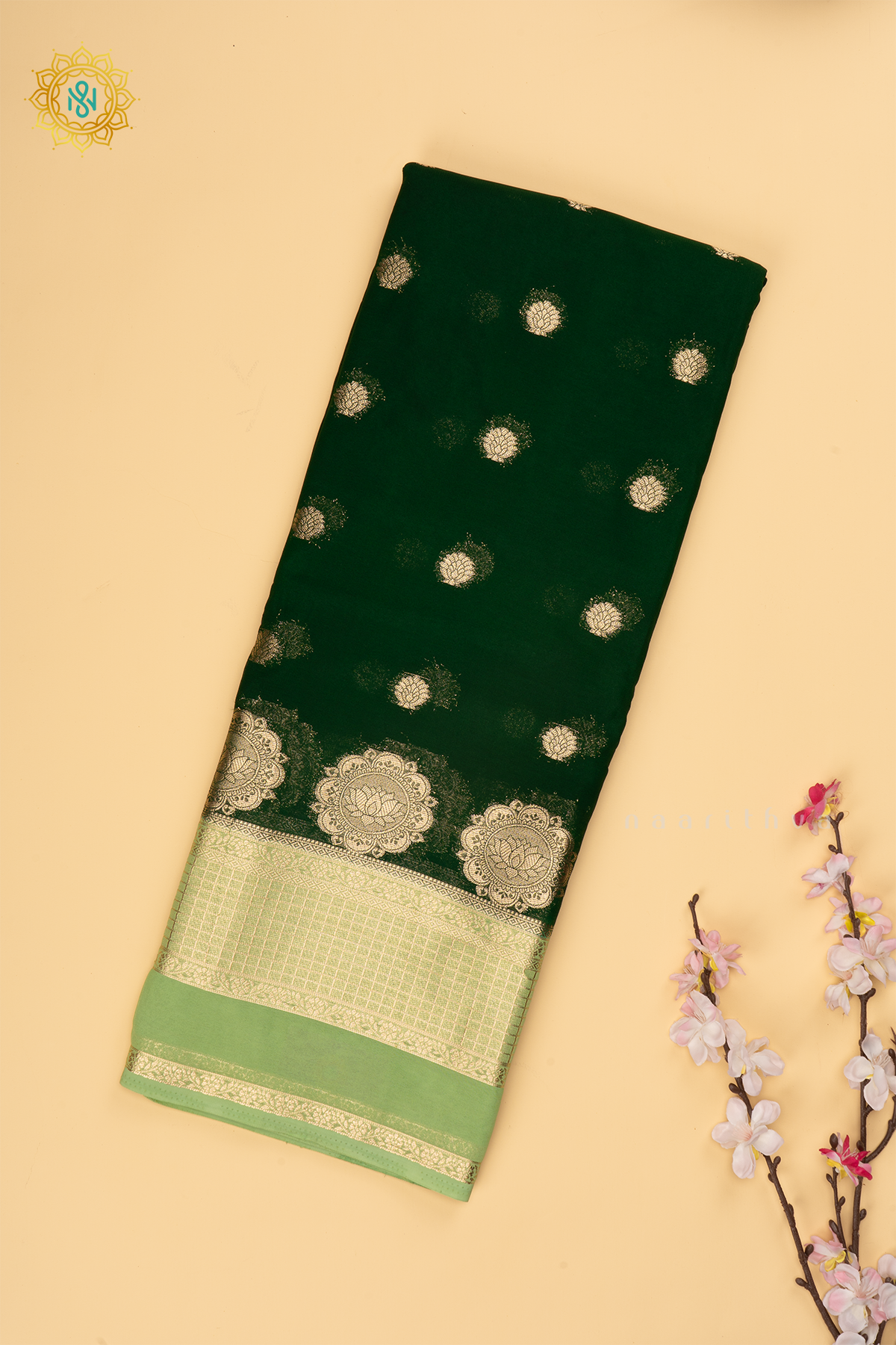 Bottle Green with Light Green Semi Chiffon Georgette Saree with Allover Zari Buttas and Zari Checks Border